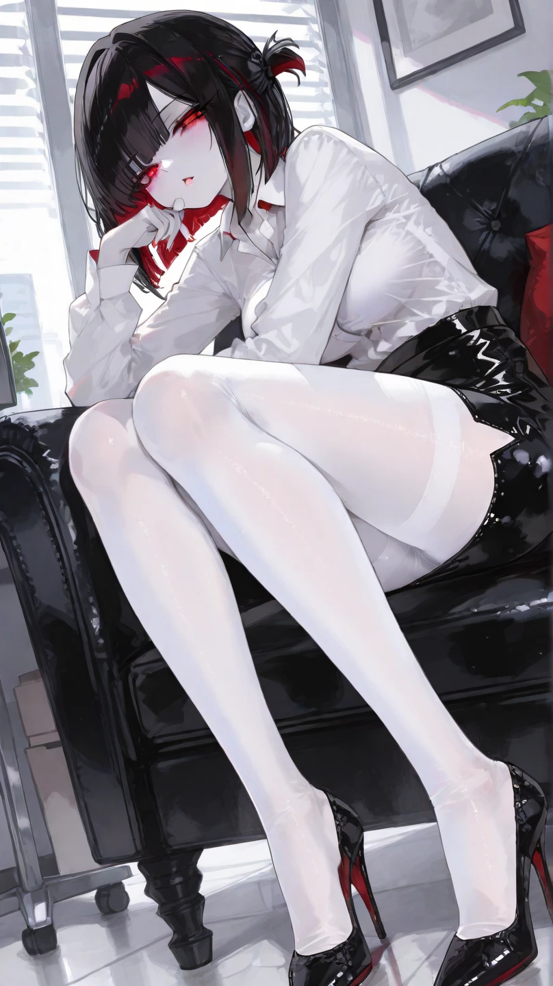 A pale beauty sits demurely on a shiny black tile floor, surrounded by suited gentlemen. Her beige hair falls in soft waves around her heart-shaped face. A cream-colored blouse hangs loose, its folds spilling over her knees like a gentle waterfall. Dark red latex stockings and gloves stretch taut against her legs, the reflective sheen drawing attention to her slender frame. Black stilettos elongate her legs, making her appear statuesque. The men standing around her wear elegant red dress shoes, their eyes fixed on her as she sits serenely, her stuffed legs a subtle nod to her vulnerability.