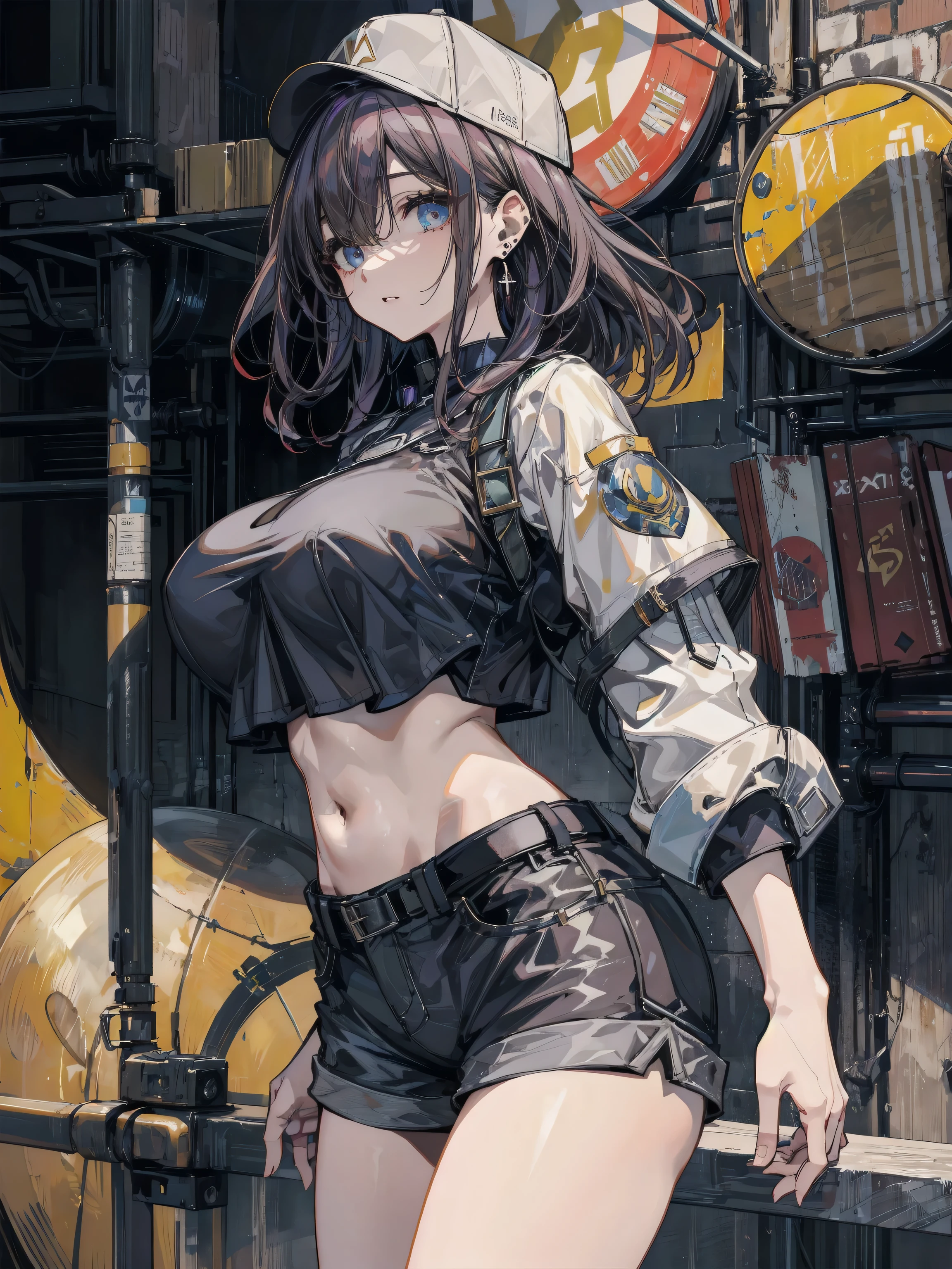 ((((absurdres, RAW photo, extremely delicate and beautiful, masterpiece, Best Quality, ultra high resolution, 32k, hyperrealistic, ultra-detailed)))), in her 20s, very Slim body, narrow waist, very small head, very small face, delicate facial features, beautiful face, beautiful eyes, ((very huge round tits)), medium hair, black hair, wavy hair, tearful mole, earring, full body shot, tank top shirt, cargo pants, shorts, street,