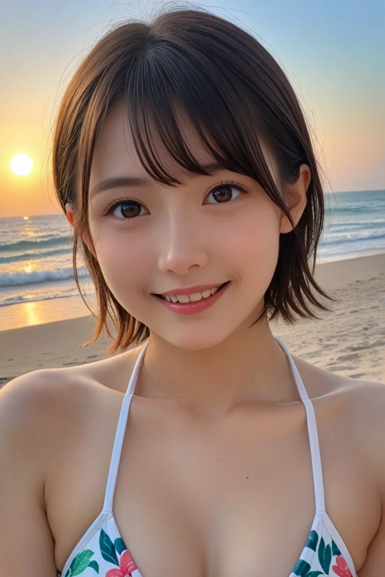 matured female , best quality, hires, detailed face , blouse , smile , breast , chest, beach , idol face