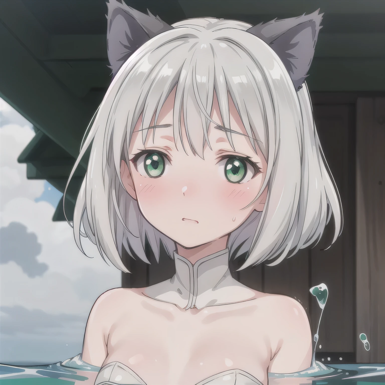 NSFW. Her cheeks are covered in a greyish-white mucus. A young woman, blushing slightly, both eyes closed, after being splashed in the face with A pale grayish-white, slightly sticky and viscous liquid, with a cloudy texture. Face slightly tilted up. Short hair, animal ears, (green eyes:1.3), white hair, cat ears.