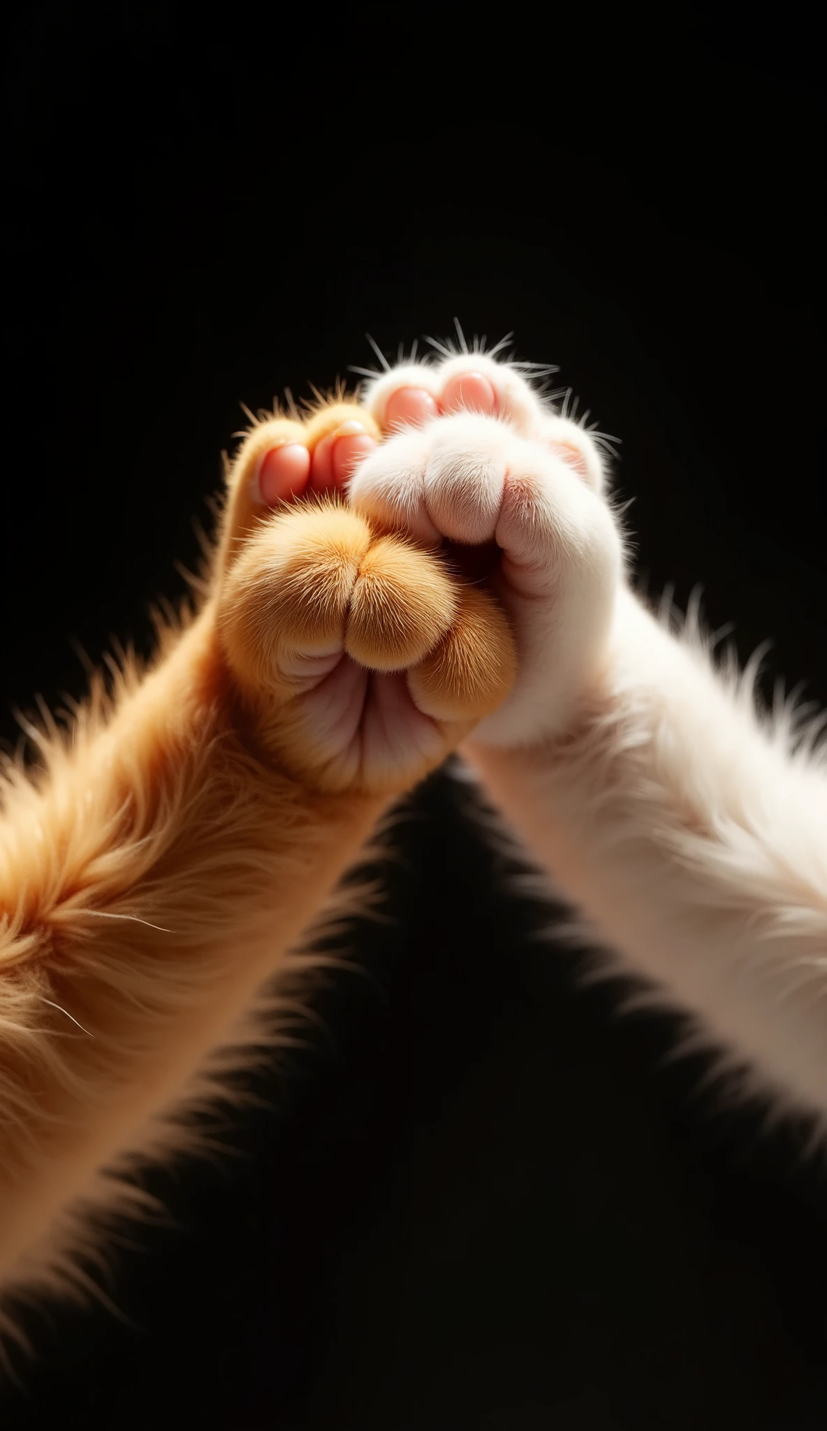 A symbolic and emotional close-up of two fluffy kitten paws holding each other tightly. One paw is orange with soft tabby fur, the other is white, both detailed with visible fur texture. The background is completely dark, drawing full attention to the connection between the two paws. The lighting is soft and warm, casting gentle highlights and shadows across the fur, evoking a sense of peace, unity, and reconciliation. Hyper-detailed fur, high contrast focus, cinematic atmosphere, stylized realism with emotional storytelling.