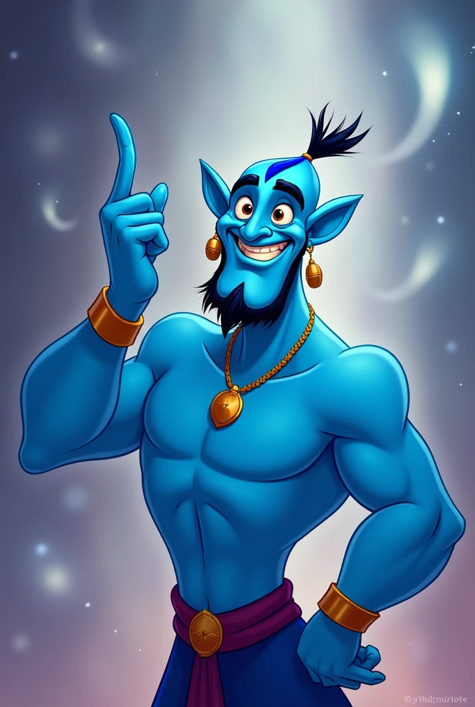Create a colorful cartoon image of a genie like a real a magical lamp. , with a classic blue skin tone,