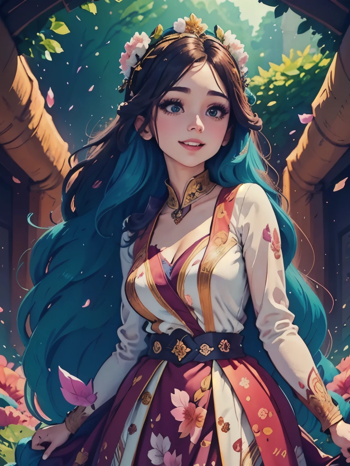 a vibrant, whimsical digital drawing of a young woman with long hair, detailed facial features, playful expression, flowing hair, intricate hairstyle, colorful floral crown, delicate skin, elegant posture, ethereal atmosphere, fantasy landscape background, magical environment, glowing lights, shimmering particles, vibrant colors, digital art, 8K, highly detailed, masterpiece, photorealistic