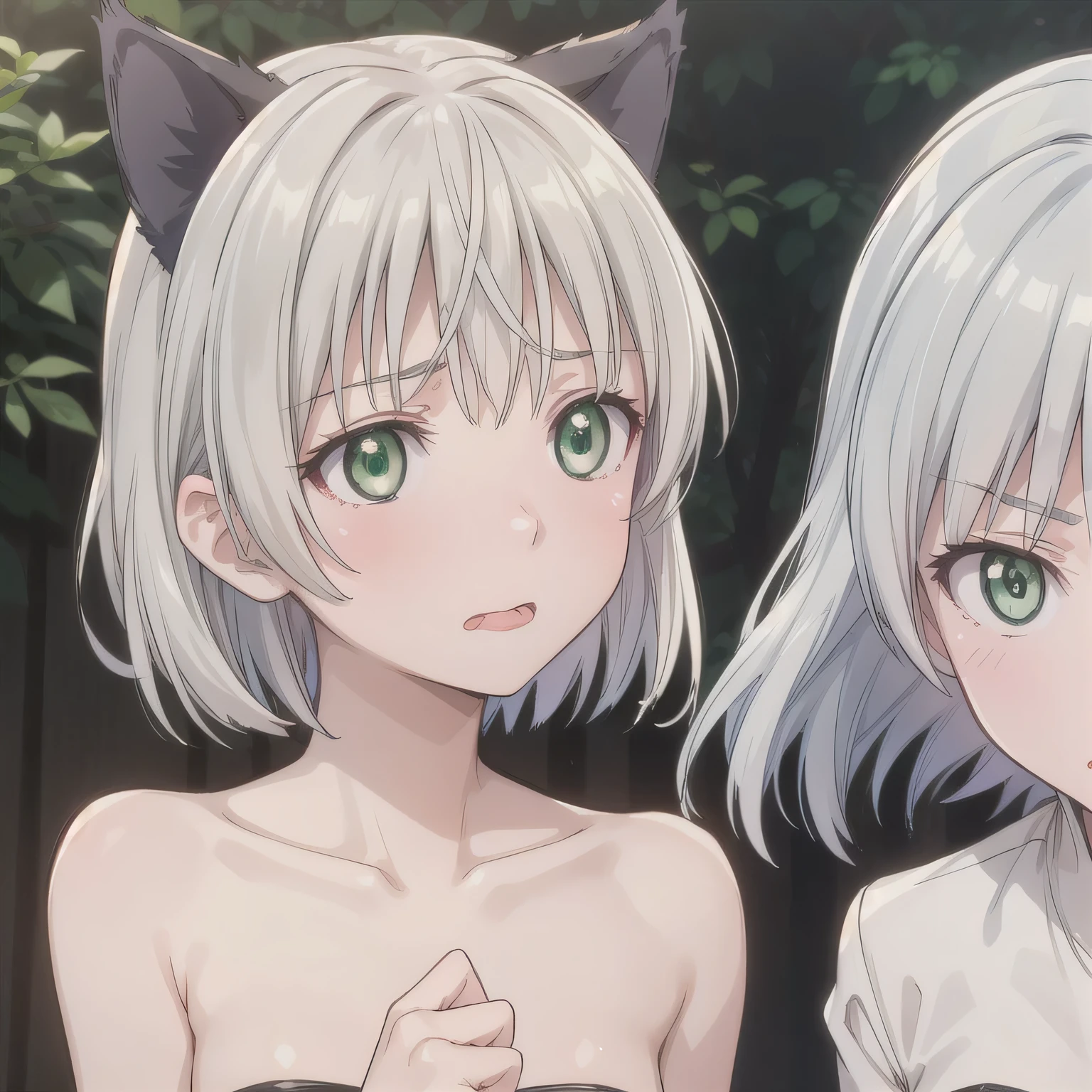 NSFW. A girl just swallowed. She shows a clear expression of discomfort and distaste, slightly sticking out her tongue as if reacting to the bitter taste. Her throat appears subtly tense, capturing the natural motion of swallowing. The atmosphere suggests the moment right after drinking, with a focus on the unpleasant expression and the realistic detail of the throat. Short hair, animal ears, (green eyes:1.3), white hair, cat ears.