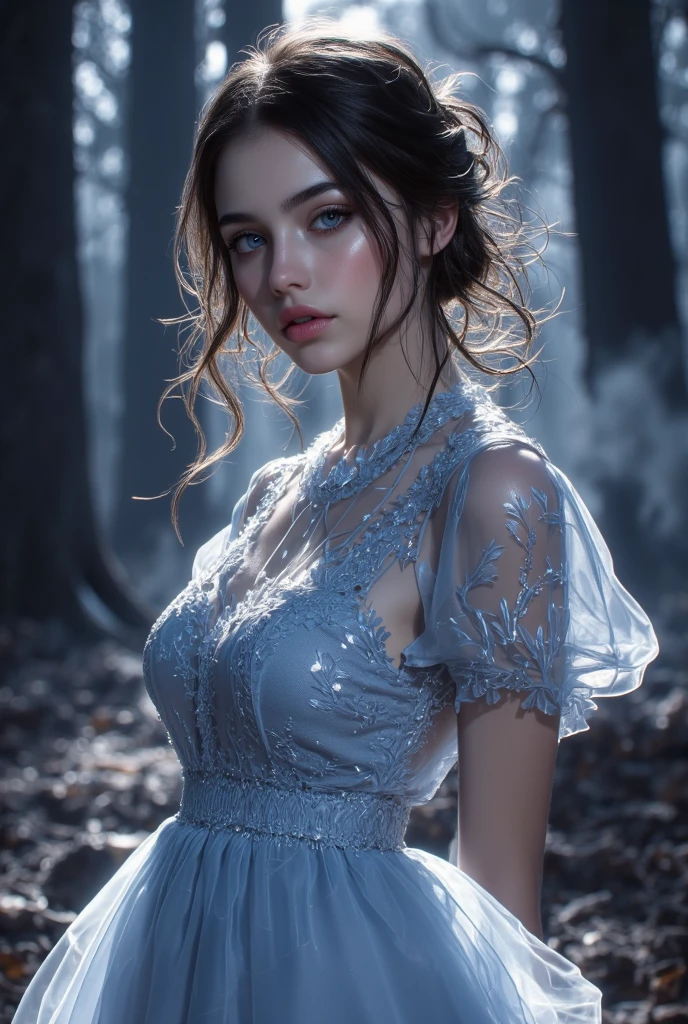 Top Quality, Masterpiece, High Resolution, 8k, wide objective, full body shot, ((skinny cute girl, barely legal, age 14, (oversized silky see-through blouse with plunging Neckline, off-shoulder, short sleeves), mediumperky breasts, extremely detailed face, detailed eyes, thin eyebrow, detailed lips, no makeup, long slick ponytail side shaved hair, small hips, (in a spaceship, on a bed), dim light, dramatic and neon colors, futuristic setting, intricate details, at night, random pose, random neon colors))