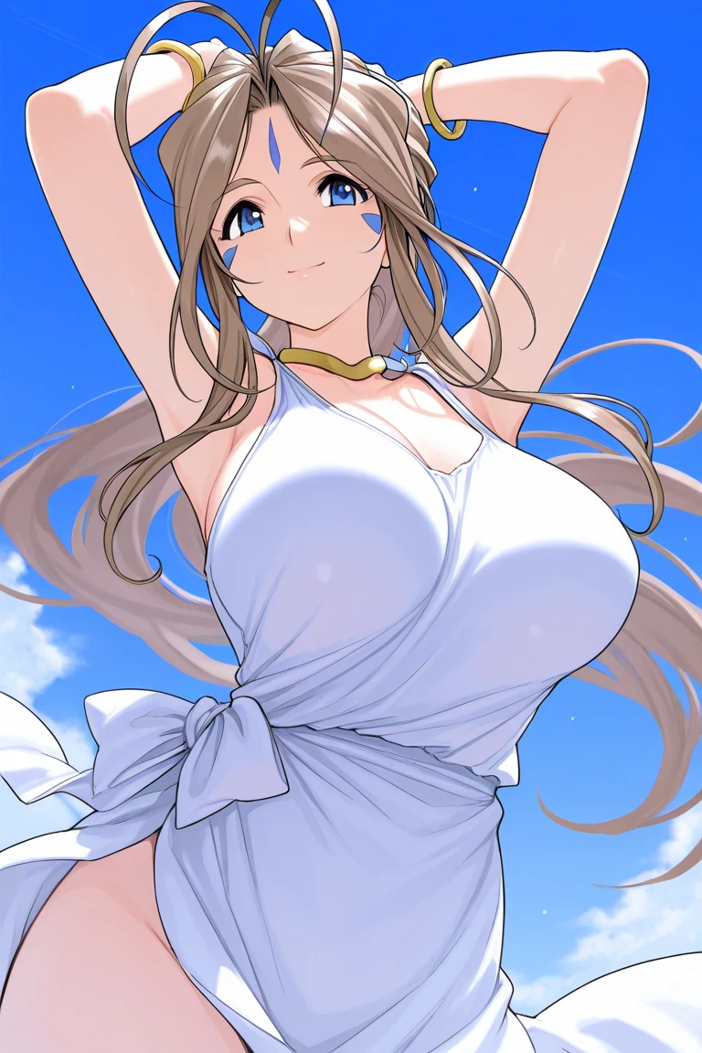 (((best quality))), ((ultra-detailed)), ((an extremely delicate and beautiful)), ((16k)), realistic, hd, cgi, gleaming hair, gleaming skin, gleaming dress, Character focus, solo, strong light coming in, sharp focus, illustration, game cg, anime, solo, curvy, (big breasts:1.3), forehead,  faste collarbone, (belly:0.9),  flower hair ornament, accessories, backlighting, shiny skin, shiny body, necklace, jewellery, black-brown hair, brown eyes, long hair, white flowy vestment