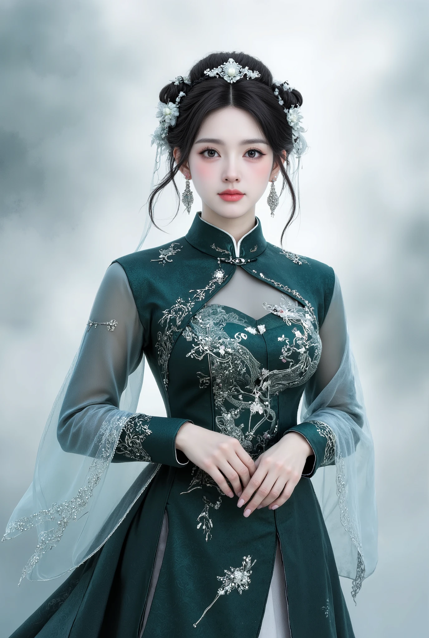 masterpiece, Best Quality, 1 Girl, wearing a gorgeous traditional Chinese wedding dress,high split hip wrap style, Dark green brocade fabric,with exquisite dragon and phoenix embroidery, Pearls and gemstones, with delicate knots on the high neck, flowing transparent veil,with a light floral pattern, adorned with a phoenix crown and jade hairpin, porcelain - like a white, elegant and noble expression, Standing gracefully, dynamic pose, ,presents a washed animation in Chinese ink style, highly detailed, 8k resolution, movie lights.