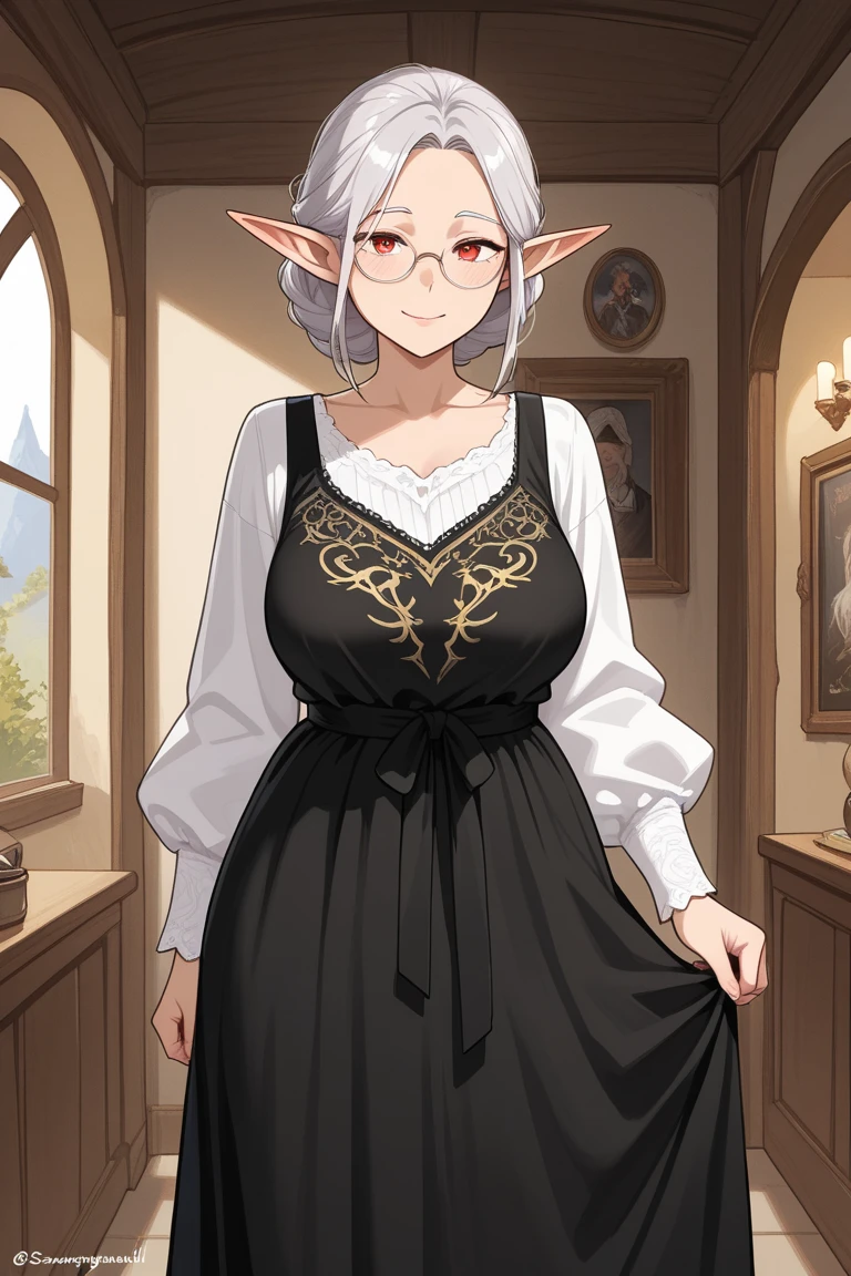 score_9, score_8_up, score_7_up, score_6_up, score_5_up, rcklgnd, 1 girl, big breast, mature, elf, medieval fantasy interior, best quality