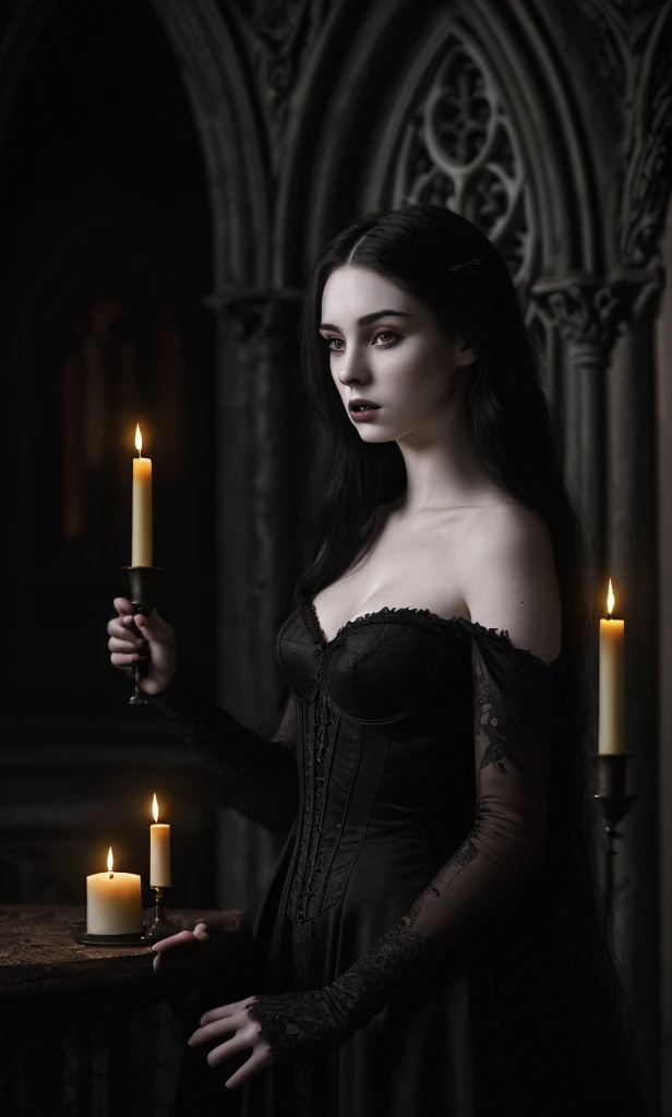 an eerily attractive gothic female vampire. 1500s. disturbing and unsettling. bloody teeth. dark candlelit crypt. volumetric lighting, high dynamic range. <lora:GoodHands-vanilla:0.7>