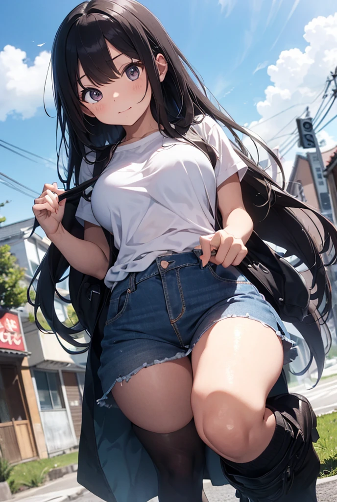 (8K、Highest quality、Highest quality、masterpiece)、Detailed face、One Girl、(Brown Skin:1.2)、Long Hair、Blue Eyes、Serious、(Tank Top、Denim hot shorts、Open Shorts、Unziped shorts、Mini Shorts、Legwear、No Panties、NoPanties、Spread pussy)、labia view、Beach、cloud、vagina、Pussy Lip、Wedgie between Pussy Lips、Big Breasts