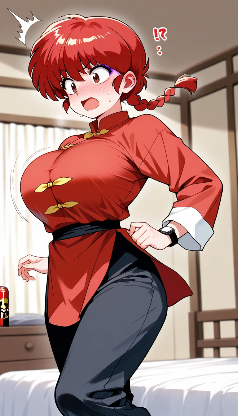 ((official art,anime screen cap、Super thin illustration、 High resolution, muste piece, best quality,best quality)),high quality, detailed, thighs, Foots, (red hair、:1.2)、 shiny hair, (Chinese style dress cosplay uniform suit), cool pose, (厚いthighs、big ass、very huge breasts),(((bar)))、grinning grin、ultra fine painting, (best quality, In 4K, 8K, High resolution, muste piece:1.2),Gintama、Kagura