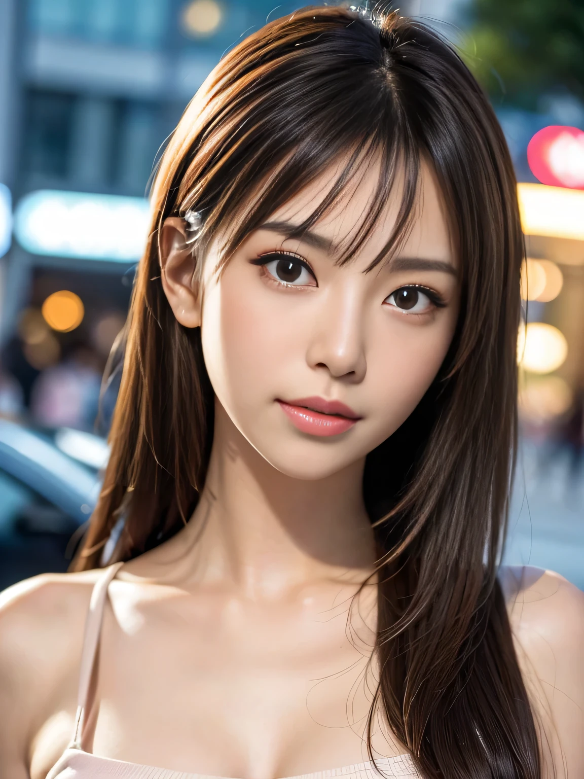 (highest quality、table top、8k、best image quality、Award-winning work)、one beautiful woman、25 years old、(alone:1.1)、perfect beautiful composition、(Nude from the chest up:1.1)、look at me and smile、(Shinjuku station background:1.1)、droopy eyes、natural makeup、Ultra high definition beauty face、ultra high definition hair、Super high-definition sparkling eyes、(Super high resolution glossy white skin:1.1)、Super high resolution glossy lips、accurate anatomy、(very bright and vivid:1.1)