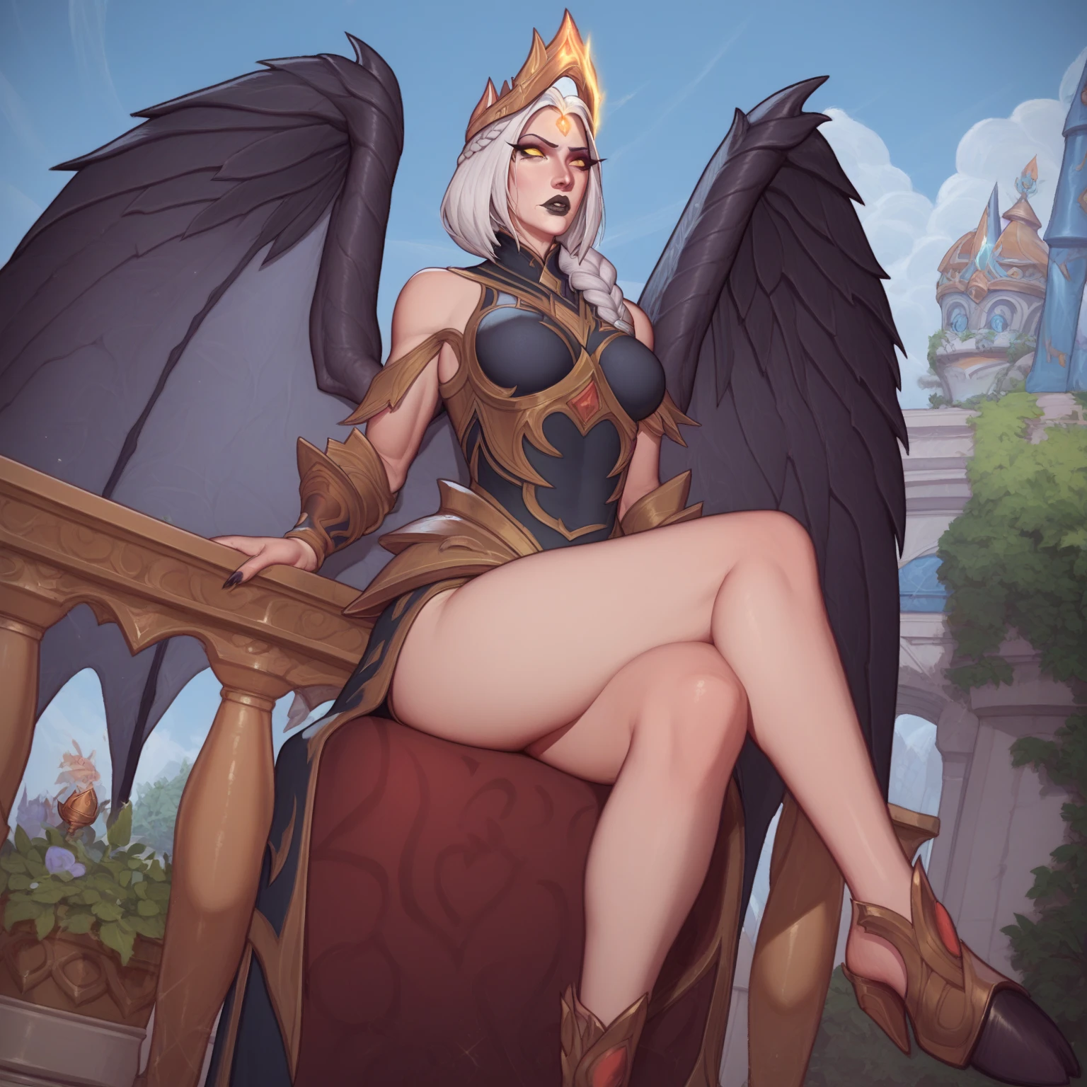 score_9, score_8_up, score_7_up, score_6_up, stone wall background, (short white hair), (pixie cut), (red eyes:1.3), choker, shackles, chains, perfect body, nude, pussy, breasts, open legs, spreading legs, sitting, hands behind the head, morgana