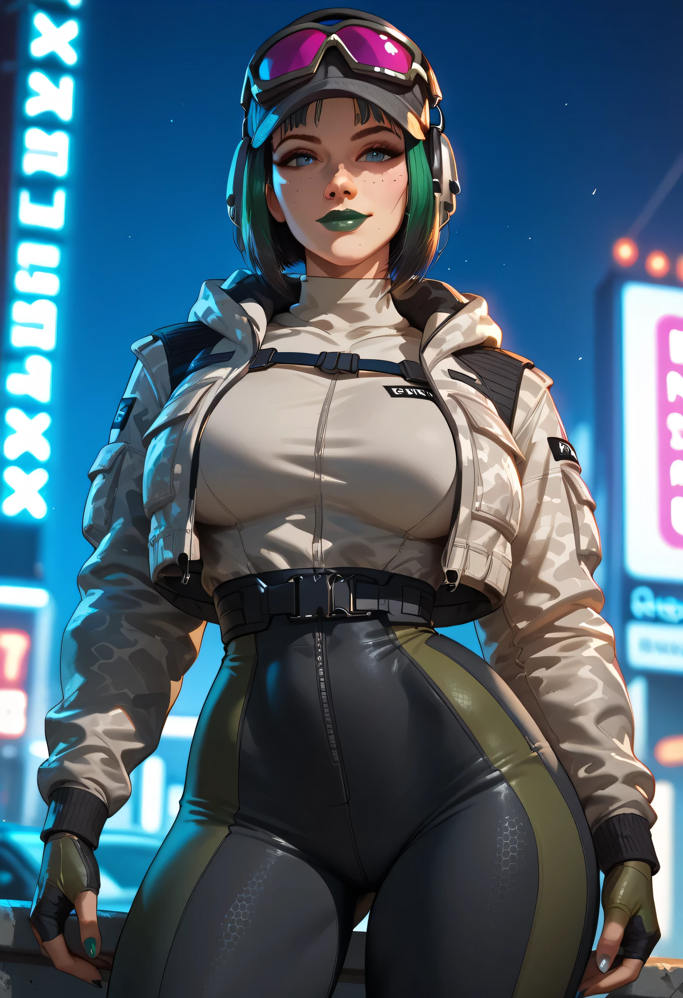 Score_7_up, score_8_up, score_9,BREAK, ela,ela \(Rainbow Six Siege\), ela elite \(Rainbow Six Siege\),score_9, score_8_up, score_7_up, score_6_up, 1girl, cyberpunk clothes, multicolored clothes, jacket, sunglasses,pants, curvy, huge breasts, narrow waist, wide hips, thick thighs, neon lights, looking at viewer, cowboy shot, sexy pose, smile, cute, wide shot, solo, dutch angle,
abimbolebXLP, green lipstick, realistic, large breasts, fat ass, narrow waist, wide hips,