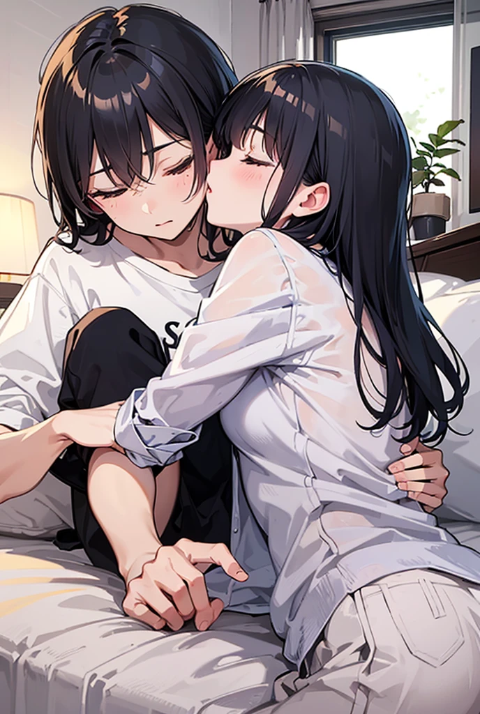 Couple in their 20ale1名, woman1名、Both men and women should wear casual attire...、French kiss、Shiny atmosphere、Saliva outflow、woman(Medium long brown hair)close ~ eye、Sweet Sigh、male(Black short hair、右手をwomanの頬に当てる)tightly close your eye、With background(room、sofa)、The night deepens、dark、Anatomically correct limbs、The girl is a little thin、I can see your underwear