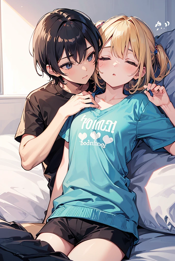 masterpiece, Highest quality, so beautiful, Absurd,High resolution,One girl, ((((One boy)))),Cuddling in bed, like,sexy,Look at each one, blush,Age difference,bow tie,Blonde,chest,Long Hair,Pink Hair,pleated skirt,Tucked in shirt,short hair,skirt,smile,Tent shirt,bare bra