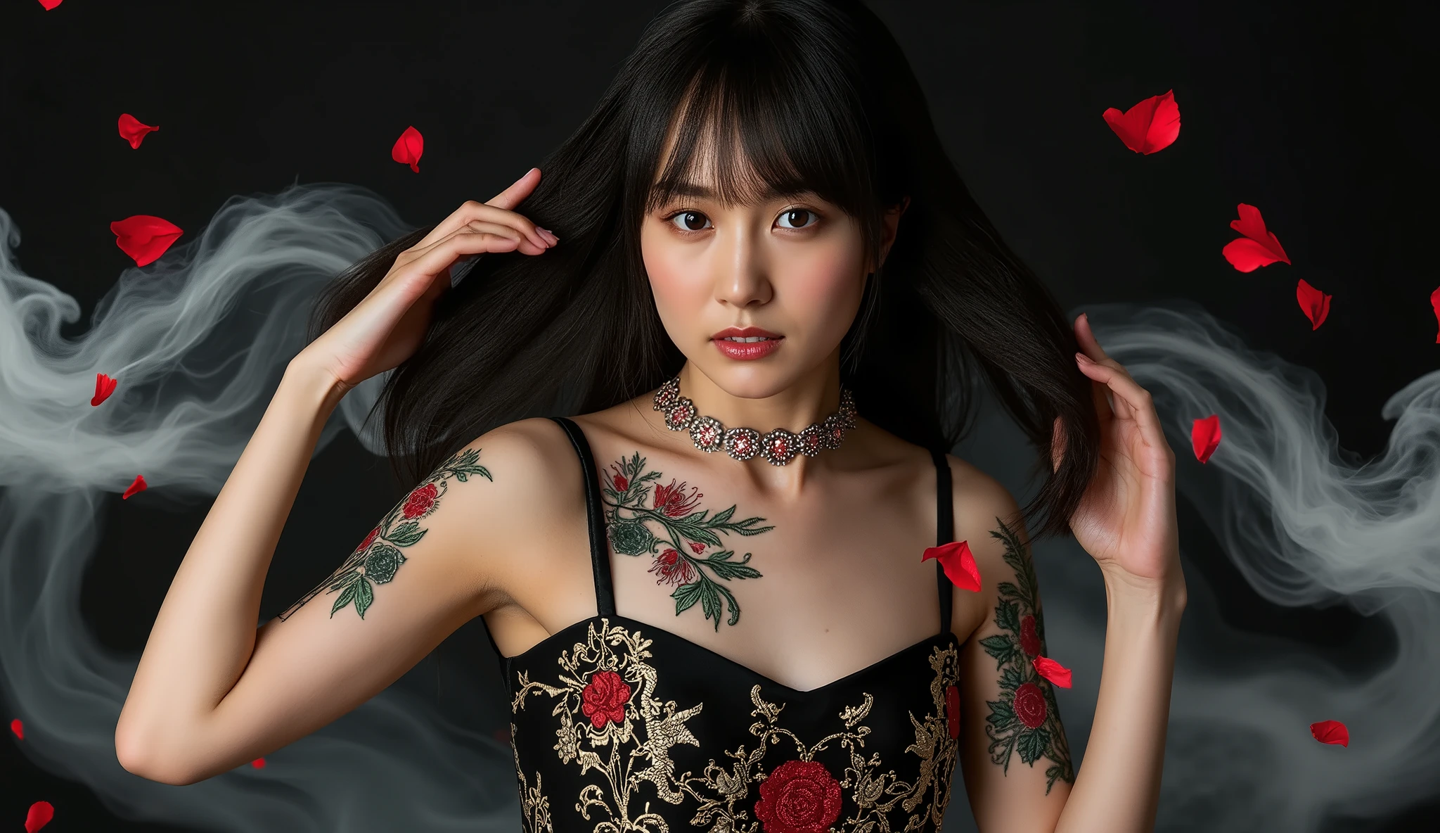 masterpiece, Cinematic Lighting, 超high resolution, accurate, Super Details, Advanced Details, High Quality, Award-winning, Highest品質, Highest, 16k wallpaper, Super Detailな顔, very elaborate eyes, Super Detailな唇, Super Detailな髪, Realistic Textured Skin, perfect anatomy, perfect fingers, An elegant and mysterious woman with a gothic feel, wears an extravagant black dress adorned with gold and red embroidery.
(dress exposes her big ) and、She is adorned with many white and red roses, gorgeous gothic necklace, She gives off a sexy and elegant impression.
This woman has 、adorned with lots of big red roses and small white flowers、long brown hair tied high.
Her shoulders and chest are adorned with rose tattoos, It adds an artistic touch.
Her expression is sharp、She was full of confidence, dramatic makeup like bright red lipstick.
dark background, She has white and red smoke floating around, Red petals fluttering about, creates a magical and mystical vibe.
(high resolution, masterpiece, Super Detail, textured skin, 超high resolution, 解剖学的にaccurate, realism),