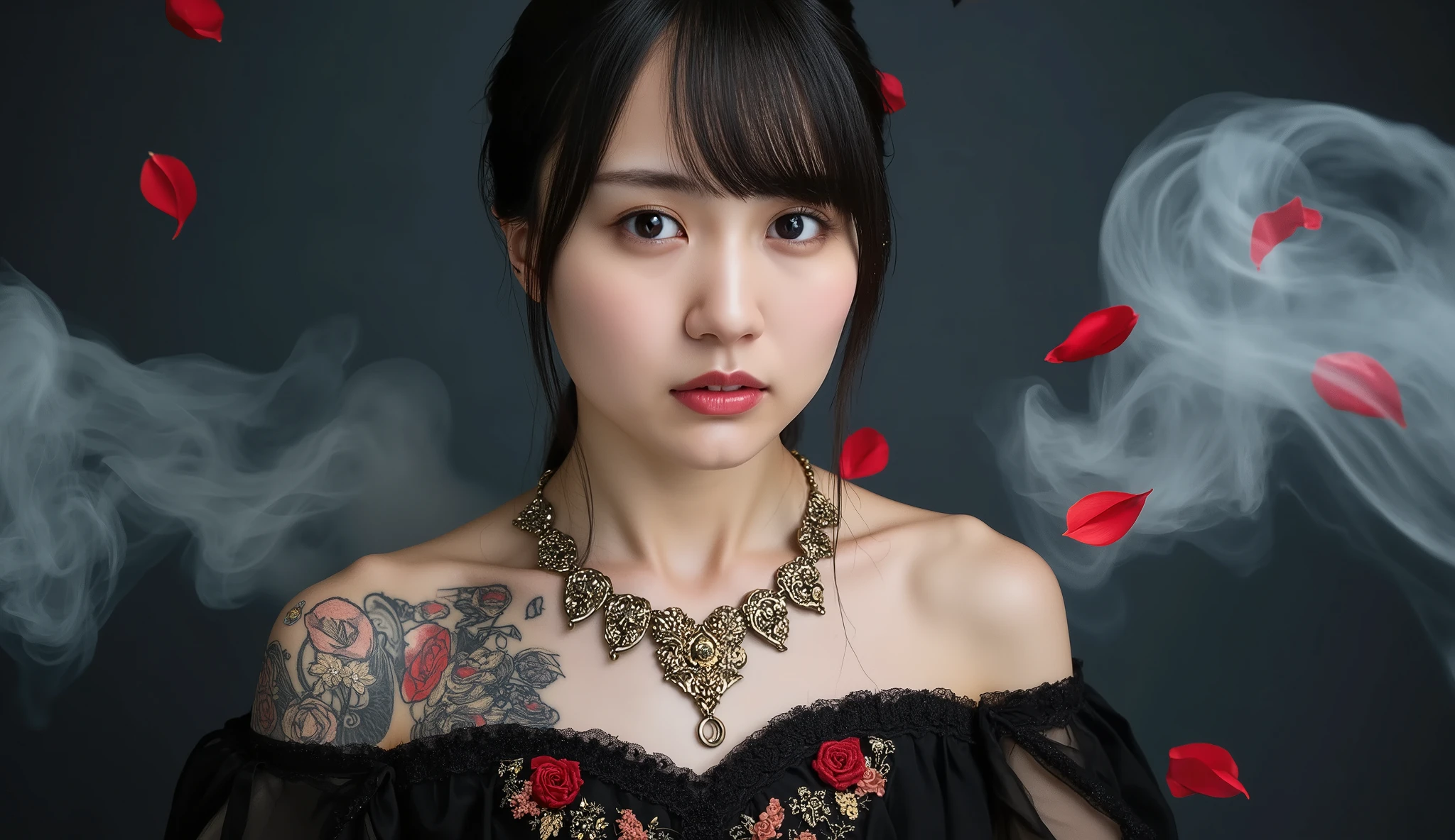masterpiece, Cinematic Lighting, 超high resolution, accurate, Super Details, Advanced Details, High Quality, Award-winning, Highest品質, Highest, 16k wallpaper, Super Detailな顔, very elaborate eyes, Super Detailな唇, Super Detailな髪, Realistic Textured Skin, perfect anatomy, perfect fingers, An elegant and mysterious woman with a gothic feel, wears an extravagant black dress adorned with gold and red embroidery.
(dress exposes her big ) and、She is adorned with many white and red roses, gorgeous gothic necklace, She gives off a sexy and elegant impression.
This woman has 、adorned with lots of big red roses and small white flowers、long brown hair tied high.
Her shoulders and chest are adorned with rose tattoos, It adds an artistic touch.
Her expression is sharp、She was full of confidence, dramatic makeup like bright red lipstick.
 dark background, She has white and red smoke floating around, Red petals fluttering about, creates a magical and mystical vibe.
(high resolution, masterpiece, Super Detail, textured skin, 超high resolution, 解剖学的にaccurate, realism),