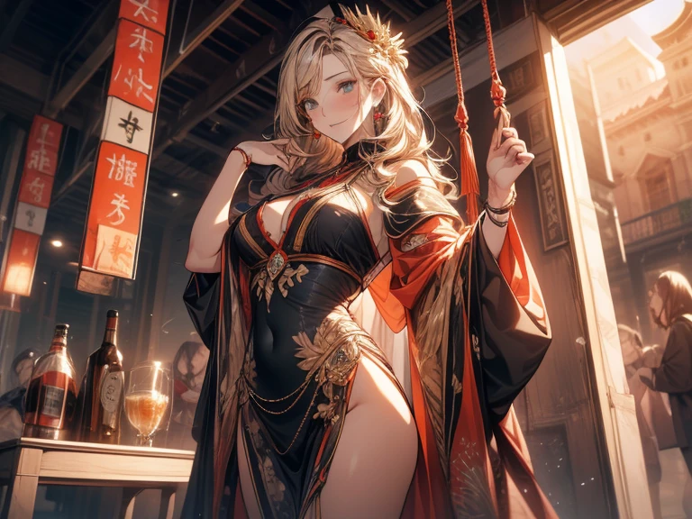 Masterpiece, ultra detail, super detail, very detailed, ultra detailed, one, (1 female fox), Japanese, She is in a detailed long golden yukata and in an elegant pose, super mature, tall, mom, mature mother, super long hair, straight hair, gold hair and straight bangs, gold fox ears, gold nine fox tails, beautiful, charming, super black eyes, hot look,  elegant, little breasts, mall breasts, neutral face, calm atmosphere, she is against the background of Japanese themes.