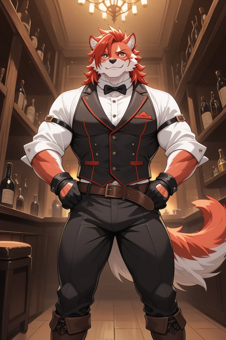 Anthropomorphic fox, In good condition, Pink fur, (Exquisite details), Smile, Handsome, OK, Black suspender shorts, bar, Waiter, Hold the tray, canine, male, giggle, (Slim, muscular, exquisite eyes), nipple, naked,