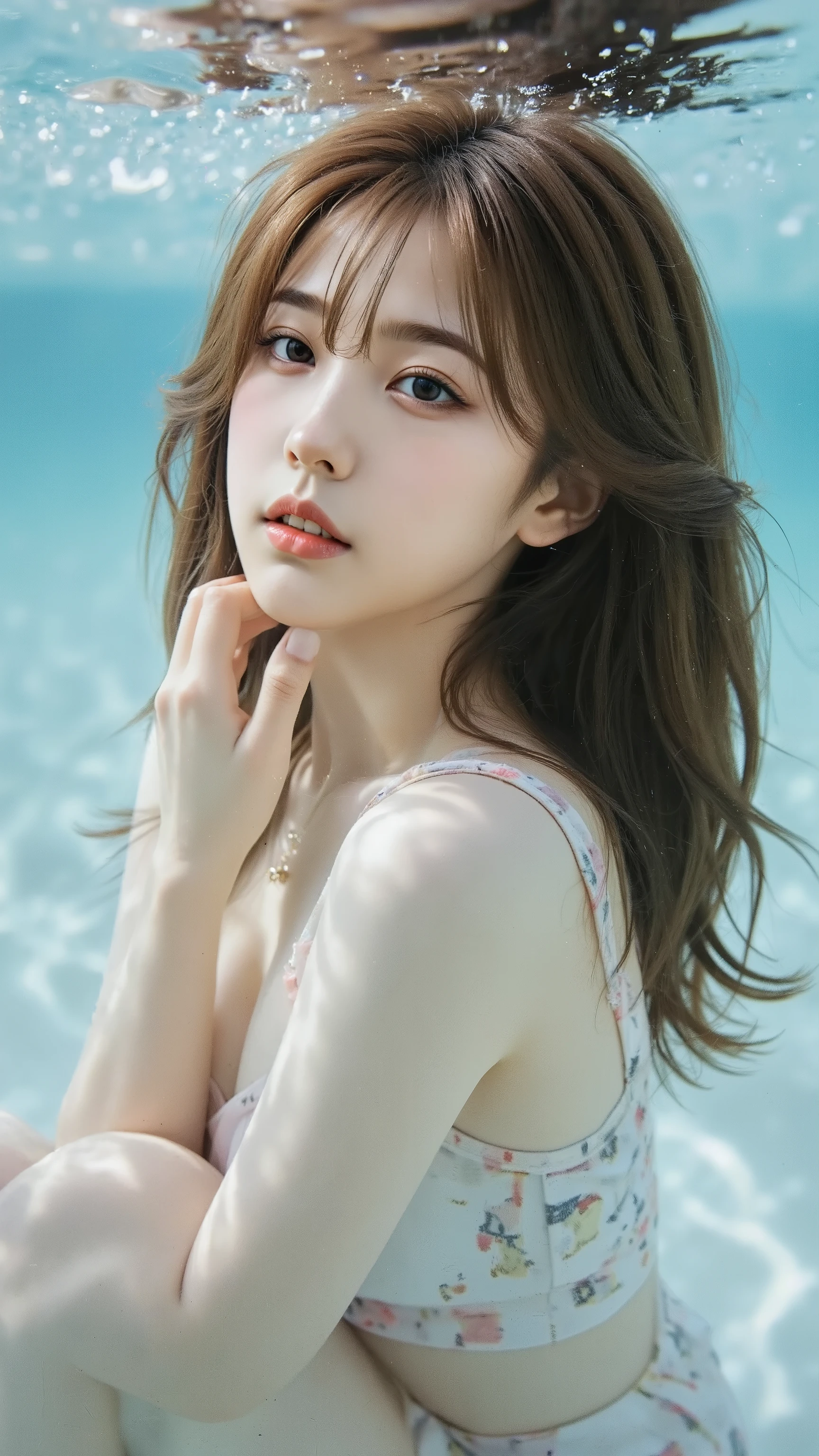 masterpiece, (realistic photo:1.2), (realistic photo:1.3), , thud, Talent ,, young girl, (Wide jawline :1.3), bright skin, (japanese girl), (Girl swimming:1.3),(holding her breath:1.3), in a sloppy short bob, (very light brown hair:1.2), (thin eyebrows), flat chest,swimsuit, earrings,necklace, very well-shaped face, (No makeup:1.2), (Underwater camera),(in the bottom shot:1.2)