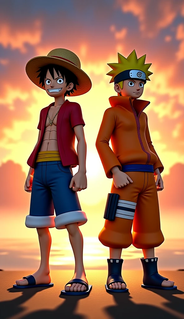 2boy, Luffy, Naruto Uzumaki, One Piece anime style