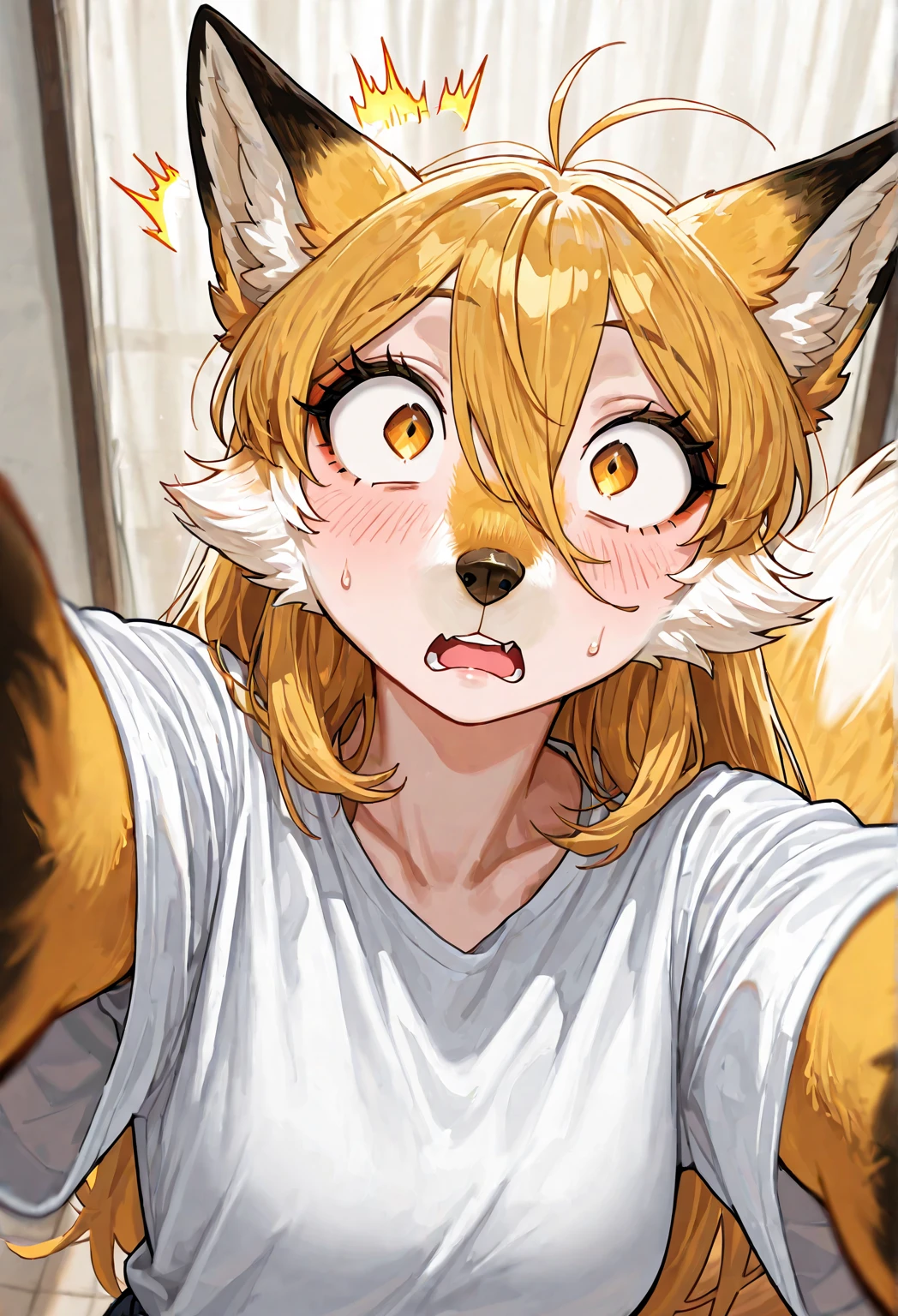 Hallucination, daydream , Fear , bokeh , hairy fur , A hungry female fox , steamy breath , open mouth , half open moist eyes , Canine , uvula , focus mouth , look away