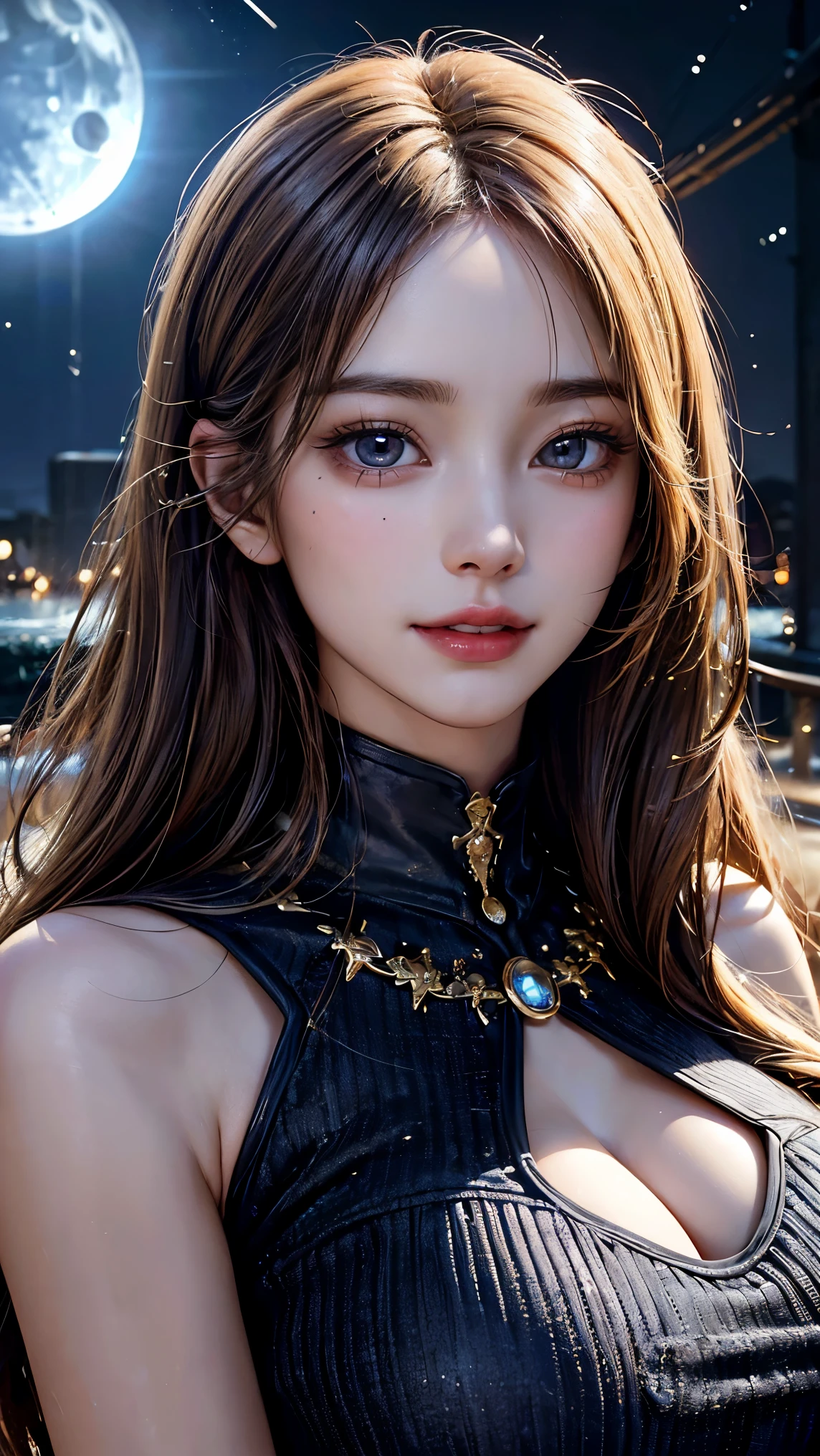 (absurd, high res, super detail), face close-up, face enhancement, focus on face, single woman, mature woman, elderly long straight hair, shiny beautiful hair, beautiful skin, lush skin, blue eyes, bangs, long sleeves, detailed eyes and fine face, eye highlights, unbroken hands, rich lighting, Large breasts, Pale pink lips, Uniform 8K wallpaper with high definition CG, Realistic and smooth skin, Attention to detail, Portrait, Gaze, Solo, Half shot, Fine drawn face, Soft smile, Dynamic pose, Classical period, (Contemporary Japanese subject matter: 1. 1), Cat ears, Dominant, Black dress Black Lace Gloves, Black Gloves, Lace Dress, Contemporary Themes, (Thriving Civilization: 1.1), (Pure White: 1.1) Building, Neon, Roppongi, Kabukicho, Japanese Landscape, Fantastic, Romantic, Dance of Light, Austerity, Night, Darkness, Stars, Portrait, Film Lighting, Gold Necklace, Having a Date Scene, --auto --s2