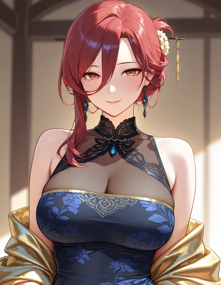score_9,score_8_up,score_7_up,mole_under_eye, clothing_cutout, yinlin_(wuthering_waves), chinese_clothes, black_hairband, blush, solo, 1girl, white_background, simple_background, bare_shoulders, earrings, large_breasts, sweat, looking_at_viewer, upper_body, hair_stick, pussy, panties, see through pussy, panties thin wet, red hair,