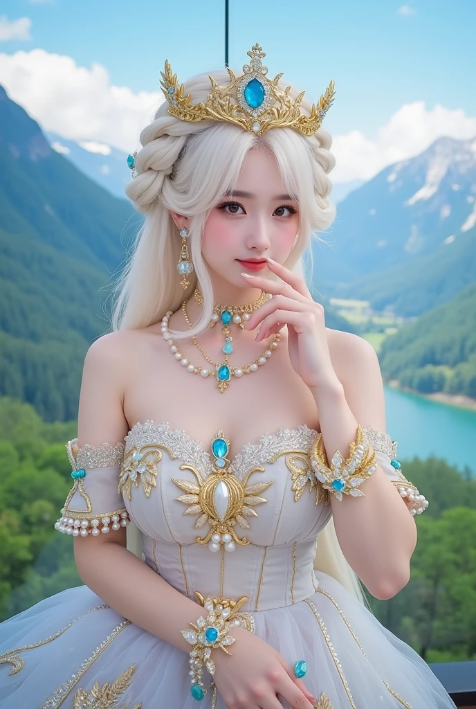 (intense chest expression),top-quality、masterpiece、超A high resolution、(Gold Dragon Armor)、(((Colossal tits))),dragon armor、(((large floral ornament on the head))),(((Detailed Micro Bikini))),(Wearing a beautiful crown made of jewels),(Photorealsitic:1.4)、Raw photo、女の子1人、(((Random hair))、(((Take different poses)))、glowy skin、(((White Chinese Dragon)))、Intricate and ornate hair ornaments、(Looks like a gorgeous jewelry necklace)、(Full Body Angle)、(fight big dragonet bikini)、((beautiful lake background)),(beautiful forest background)、Precipitous cliffs、(Castle background)、((super realistic details))、portlate、globalillumination、(sexypose)、Shadow、octan render、8K、ultrasharp、Colossal tits、Raw skin exposed in the cleavage、metals、Details of complex ornaments、Japan details、highly intricate detail、Blue eyes、Eyes shining towards the camera、Toostock、(Full Body Angle)、(veils)、(((Heavy Big))),((she is wearing a beautiful jeweled bangle.)),