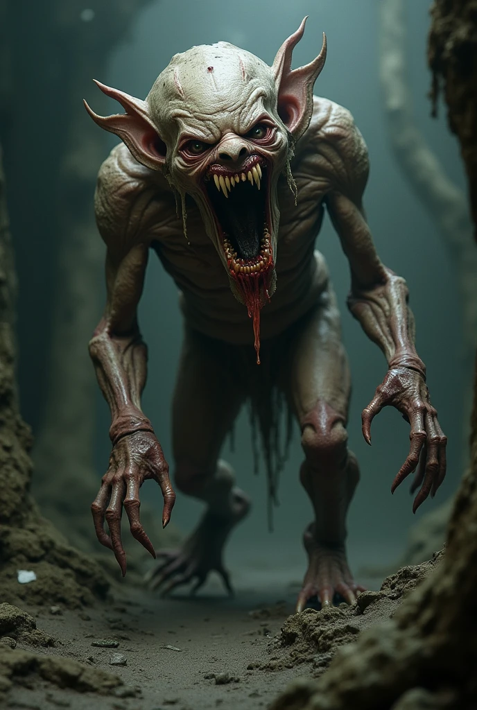(photorealism:1.2), a horrible animal, tailless and giant, hairless, with hind legs shorter than the front ones, with a large mouth and fangs protruding from it. With two eyes on his neck and two in front.