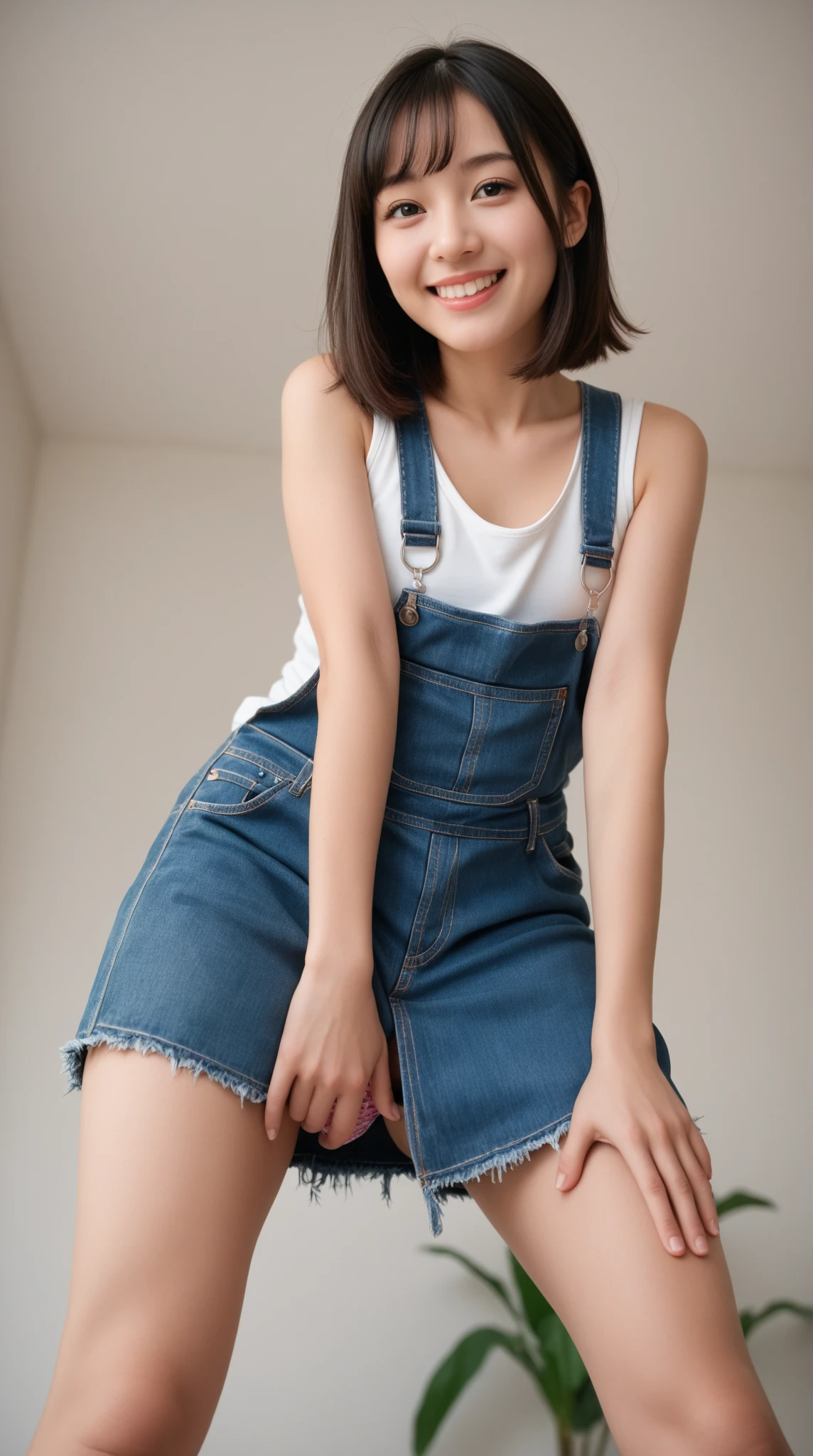 (8K、RAW Photos、Highest quality、masterpiece:1.2)、(Realistic、Realistic)、1 Girl、((Popular clothing:1.2、Thin legs、whole body、View from the front、smile、Looking into the camera、Spread your legs while squatting))、cute