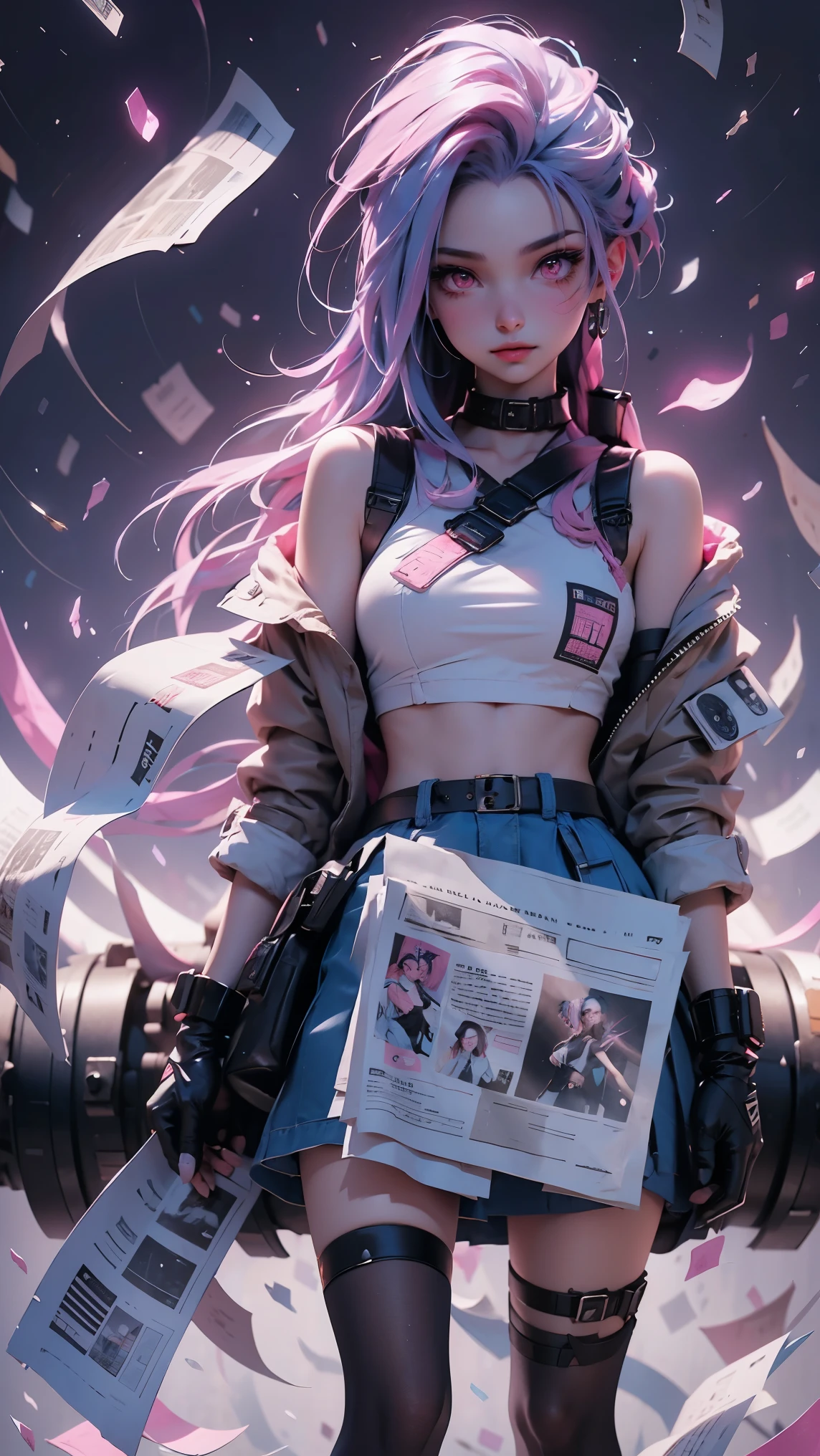 wallpaper,newspaper background,Jinx, soft colors, pink eyes, blue hair, full body with newspaper background