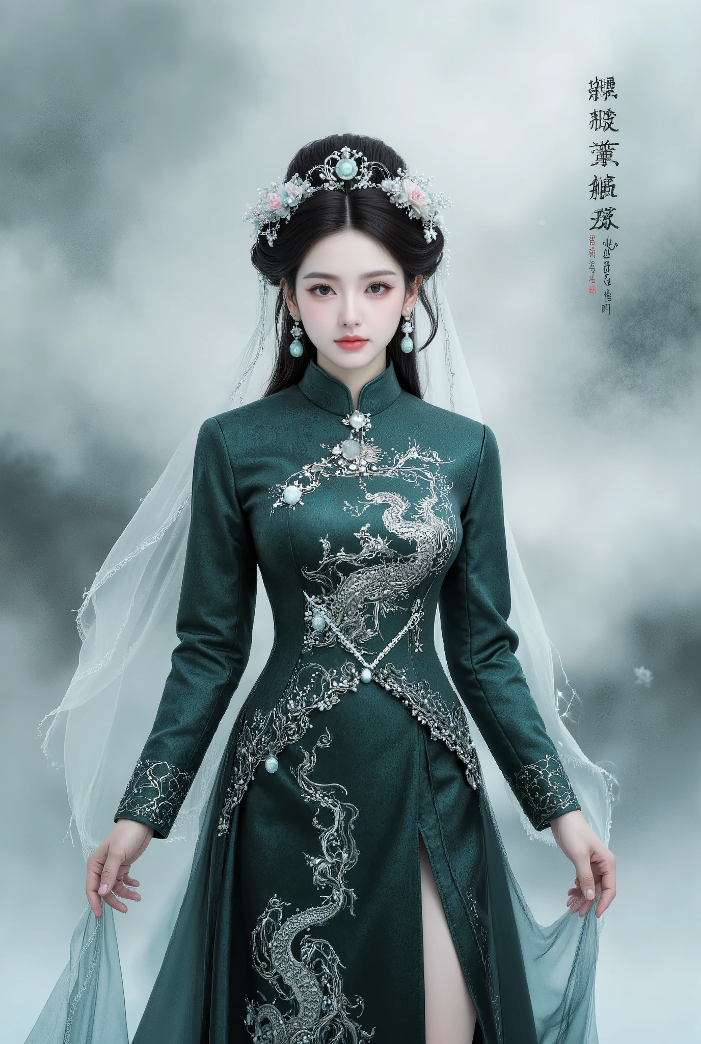 masterpiece, Best Quality, 1 Girl, wearing a gorgeous traditional Chinese wedding dress,high split hip wrap style, Dark green brocade fabric,with exquisite dragon and phoenix embroidery, Pearls and gemstones, with delicate knots on the high neck, flowing transparent veil,with a light floral pattern, adorned with a phoenix crown and jade hairpin, porcelain - like a white, elegant and noble expression, Standing gracefully, dynamic pose, ,presents a washed animation in Chinese ink style, highly detailed, 8k resolution, movie lights.