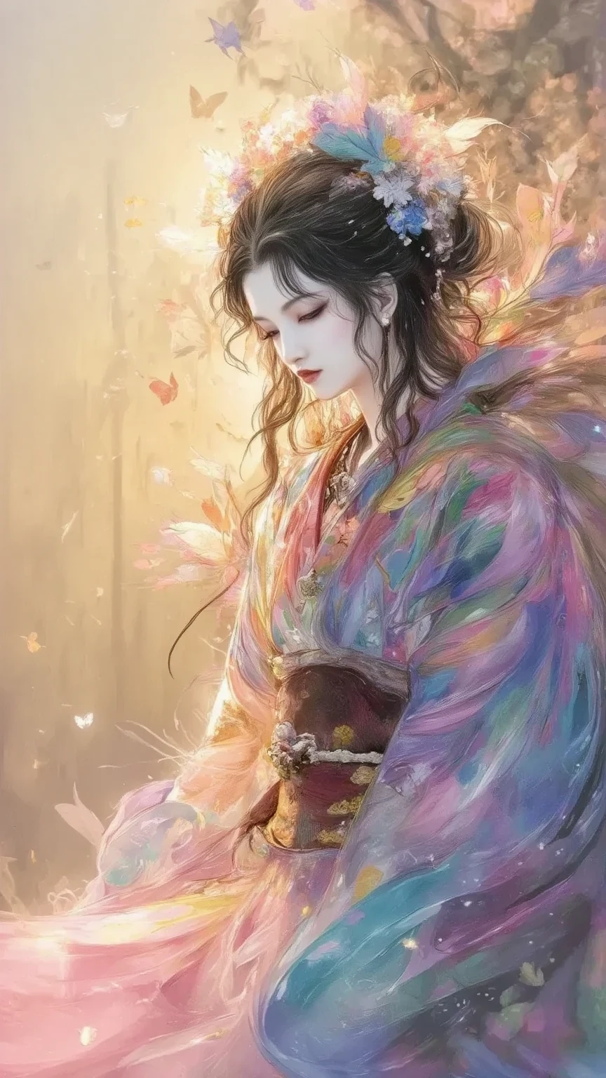 Many translucent, rainbow-colored feathers are swirling and dancing、Symbolic expression of wind、Woman in kimono reaching out with her face in the air、dark eyes、black hair、golden hour、 twinkle、fluffy、A refreshing atmosphere with an overall sense of transparency、Mysterious Fantasy、Surrealism、Highest Quality、high image quality、masterpiece:1.4、high precision、absurd