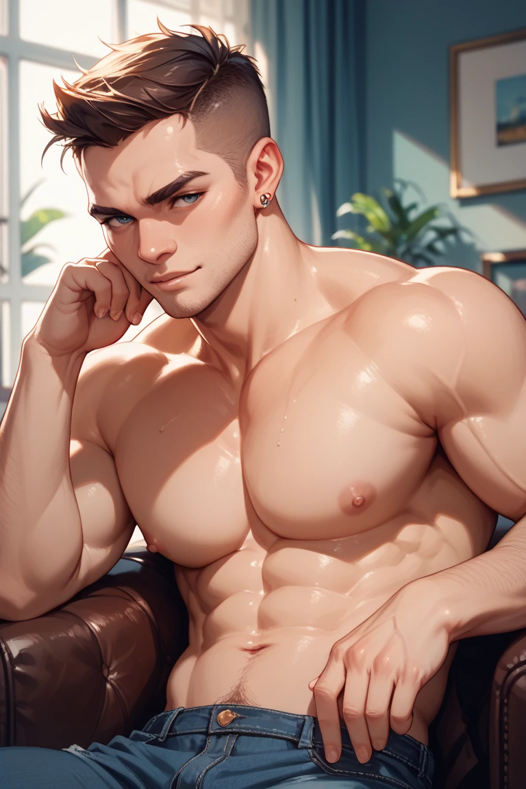 (masterpiece,best quality,ultra_detailed,highres,absurdres),1 mature male, 30-ish, (wide shoulder), ((no chest hair)), male focus, solo, ((undercut)) ((short hair)) brown hair (light brown eyes), simple background, full body, wearing shoes,looking at viewer, parted lips, round eyewear, long sleeves, showing a bit of muscles, smirk smile face, wearing thong, fully nude, smooth and hairless chest,