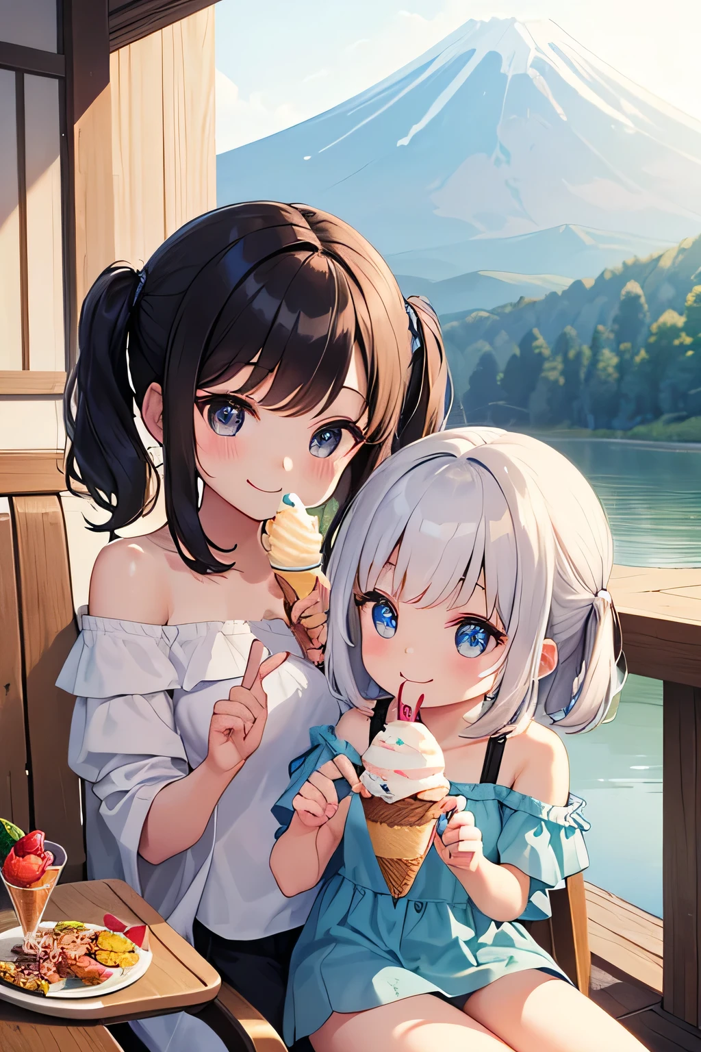 (Biologically correct limb count)、Full body, including face、4K、masterpiece、Focus on the face、Well-proportioned facial features、Delicate descriptive eyes、One beautiful woman、Excellent style、(Blue Gothic Lolita)、(Grin）、look up、Photos with white borders、Looking into the camera、Park lawn、、Eat watermelon bar ice cream