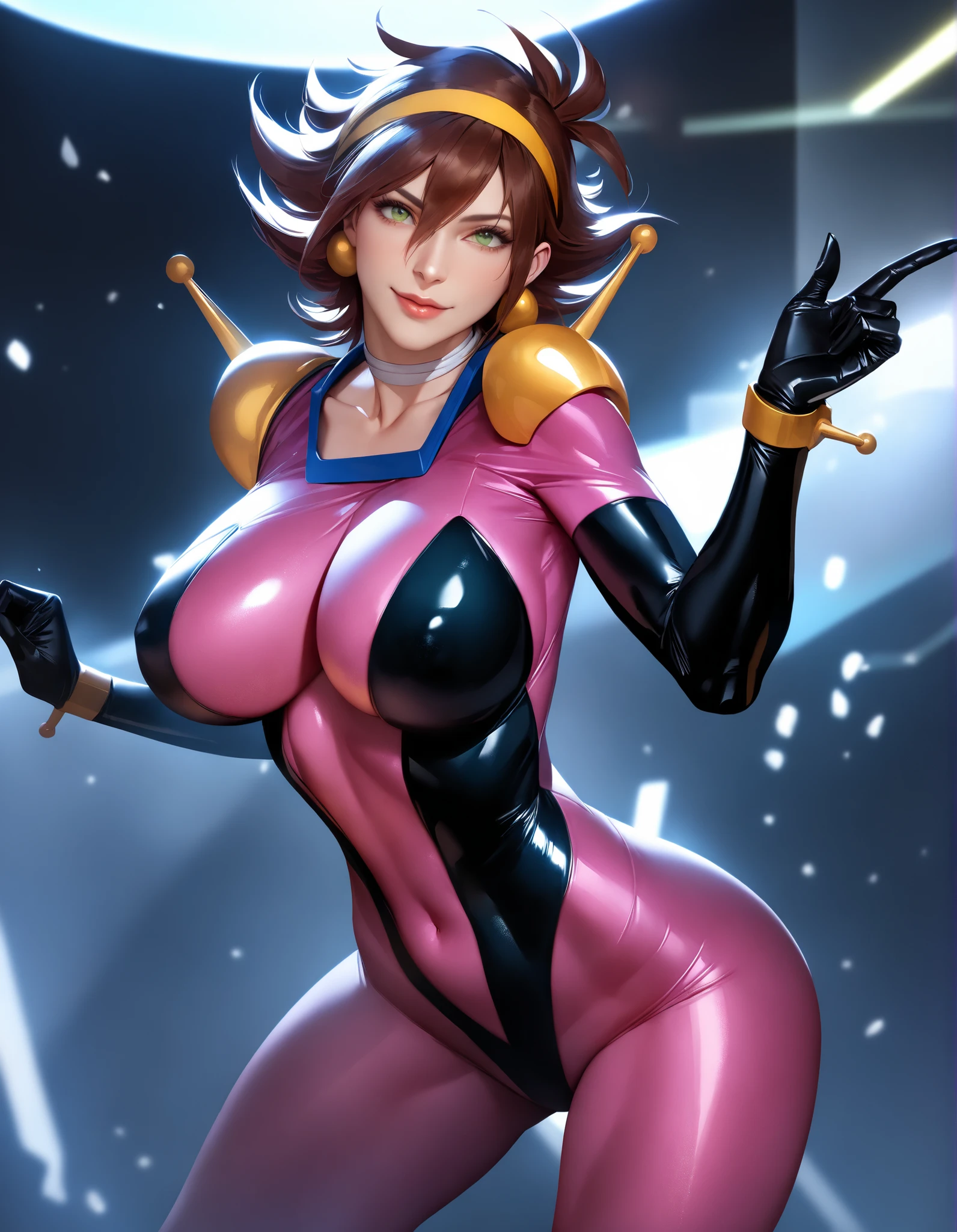Rain Mikamura , Yellow Headband , perfect hand in h , perfect fingers , perfect anatomy , masterpiece , Highest Quality , realistic , hyperrealistic , 16K HDR , 1 girl , big breasts , erect nipples , brown hair , medium hair , green eyes , mobile tracing suit , Shoulder Armor ,  Pink and Black Bodysuit  , Sexy Poses , upper body , cockpit , smile , standing_ 