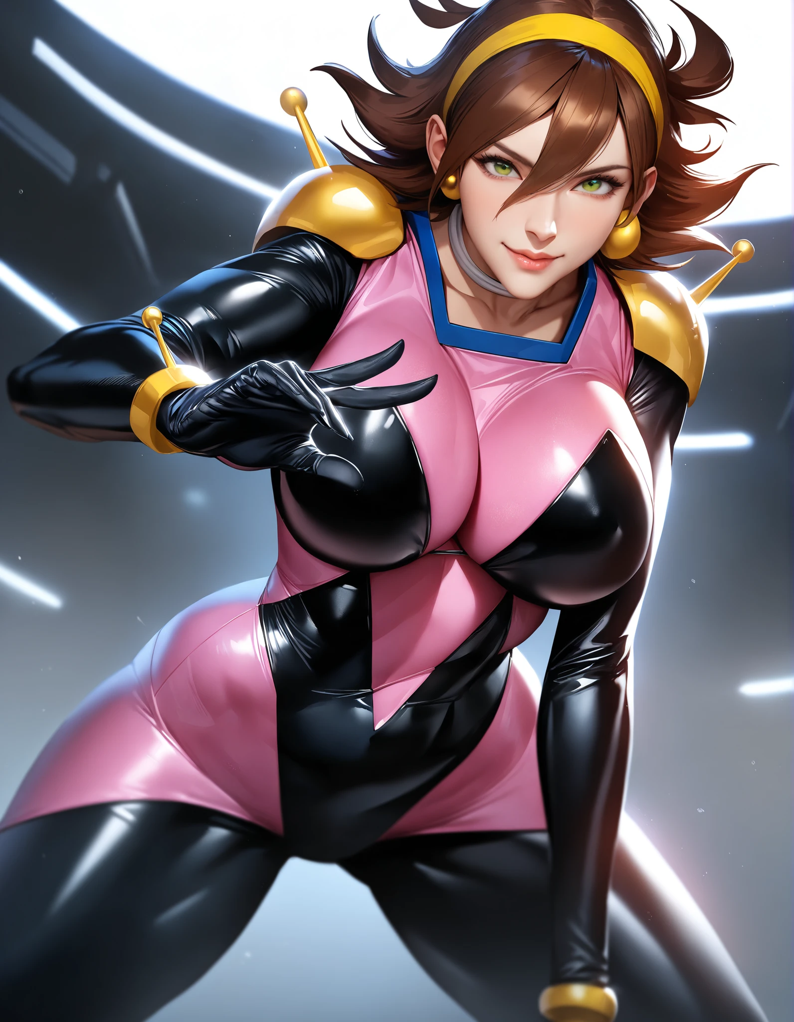 Rain Mikamura , Yellow Headband , perfect hand in h , perfect fingers , perfect anatomy , masterpiece , Highest Quality , realistic , hyperrealistic , 16K HDR , 1 girl , big breasts , erect nipples , brown hair , medium hair , green eyes , mobile tracing suit , Shoulder Armor ,  Pink and Black Bodysuit  , Sexy Poses , upper body , cockpit , smile , standing_ 