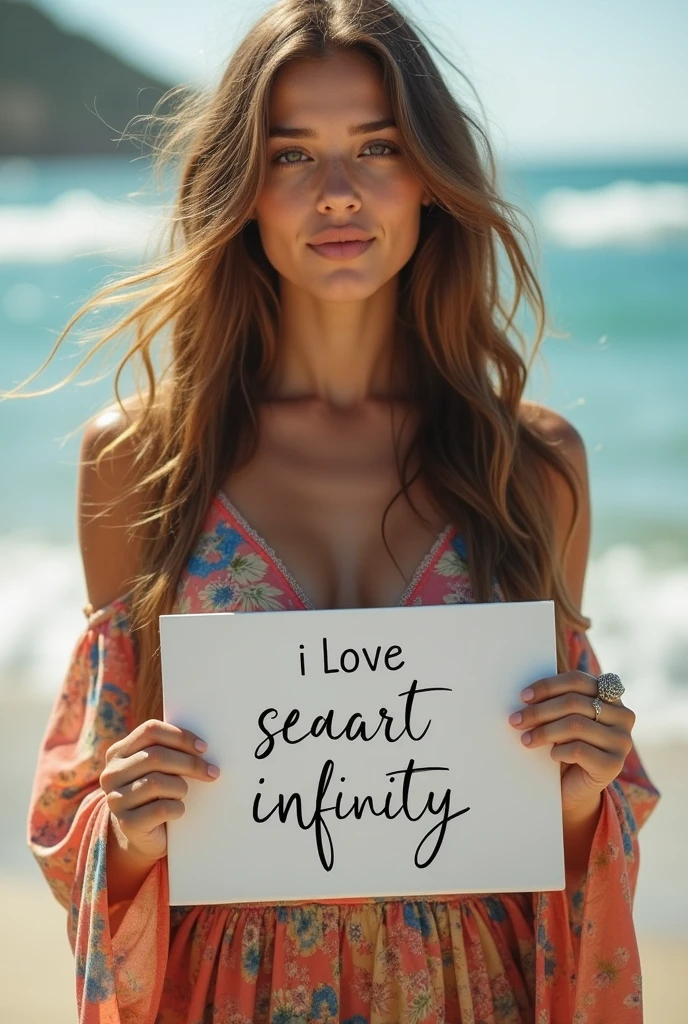 Beautiful girl with wavy long hair, bohemian dress, holding a white board with text "I Love Seaart Infinity" and showing it to the viewer