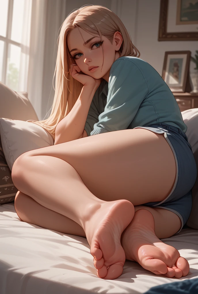 Obra maestra inmejorable, ultra-realista 8k CG, arte perfecto, super detailed, obra maestra, sthe highest qualit, high resolusion, manic detail, Hi-Def, alta calidad, cara detallada, extremidades corporales detalladas, 1girl, solo,noelle,pelo blanco, ropa sin mangas noelle, cama de mujer, camisa sin mangas, prenda de rejilla, labios oscuros, chaqueta sin cremallera, sin sujetador, sin bragas, senos expuestos, rubor, medias blancas, ropa transparente, exposed pubic hair, dedos de los pies de camello, como jiri, pechos extremos, cuerpo femenino extremo, En todo el cuerpo, la mujer yace en la cama, pupilas blancas,gran trasero,muslos grandes,grandes pechos,looking back