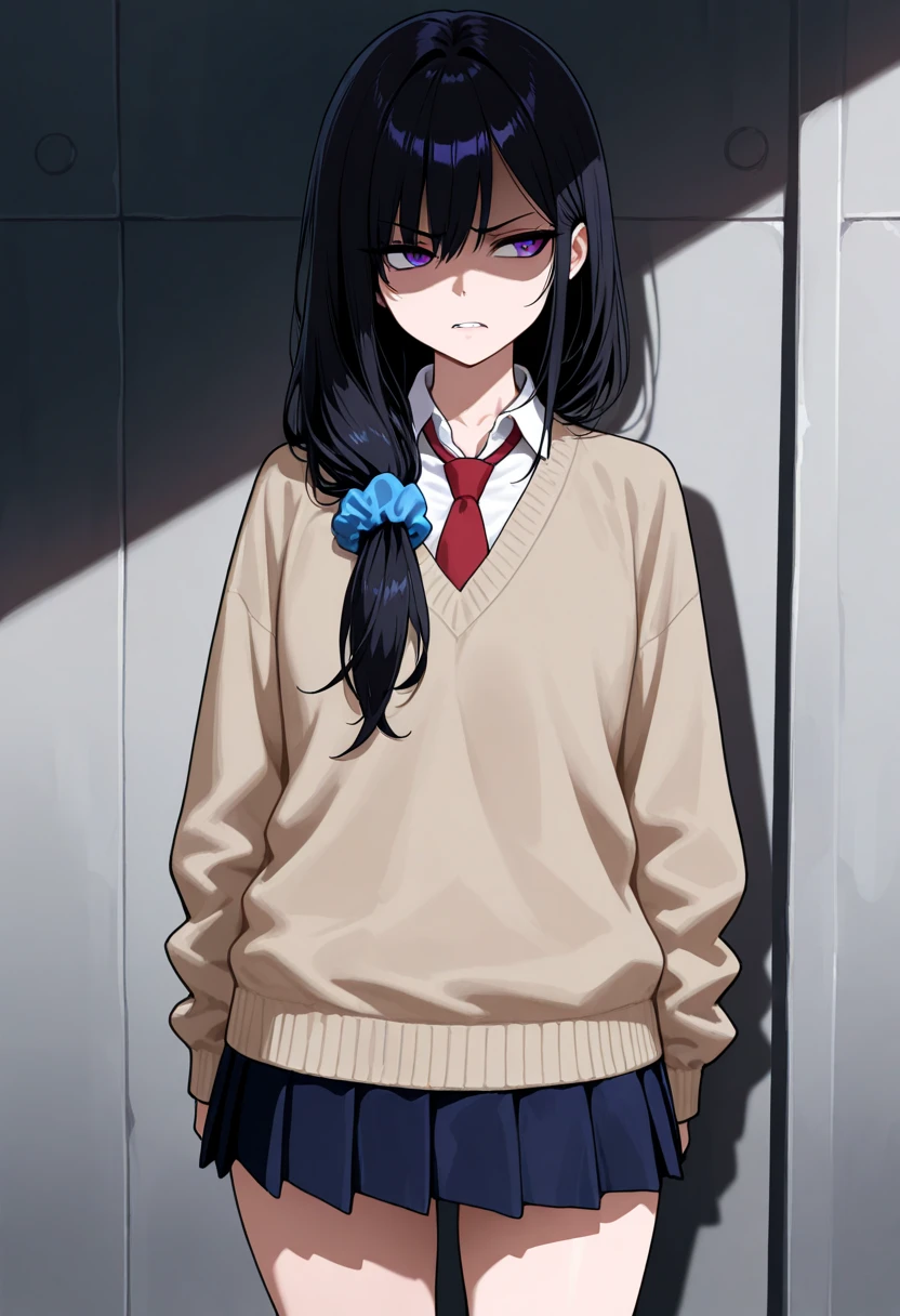 masterpiece, best quality, amazing quality, very aesthetic, high resolution, ultra-detailed, absurdres, newest,1girl,solo,purple eyes,long hair,blue scrunchie,black hair,hair over shoulder,red necktie,school uniform,pleated skirt,sweater,sideways glance,disgust,shaded face,looking at viewer,