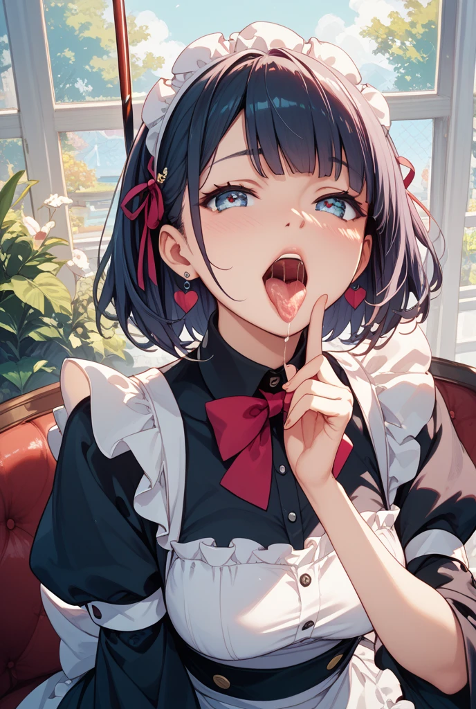 looking ahead,from above,slouch,handjob,side view,face focus,open mouth,tongue out,cum on tongue,Licking a white dildo,(1girl,Beautiful 14 year old girl),((Slender,Small breasts,Baby Face,Small face,)),looking at viewer,Black Hair,bangs,two side up,Gray Eyes,Drooping eyes,slit pupils,narrow eyes,ollarbone,black t-shirt,off-shoulder look,Black and red checkered short skirt,Beautiful and detailed anime art,Mischievous smile,Dimly lit room,Simple Background,Gray background,Low lighting