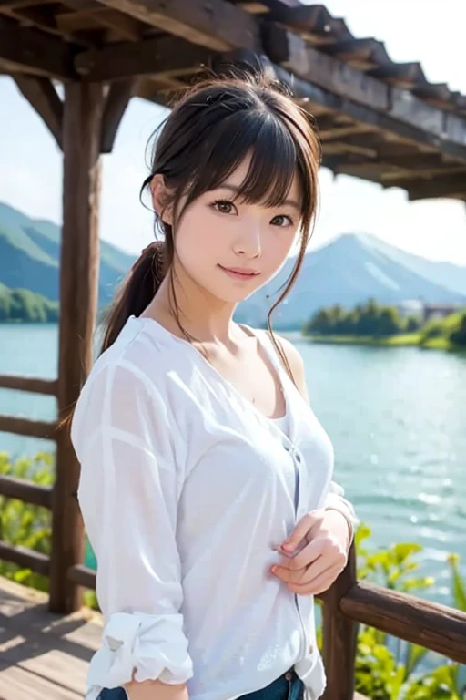 (Close up face shot of one slender small breasts dark silver long hair with swept bangs girl in a long sleeves shirt and sweater:1.5)、(One girl is leaning forward with happy smile on the dart road near the lake and big waterfall:1.5)、(Beautiful autumn red leaves and mountain view:1.5)、(Natural light:1.5)、(8k ultra detailed master piece:1.5)、(perfect anatomy:1.5)、(Photorealistic stick:1.5)、(Raw photo:1.3)、(highest quality:1.5)、(High resolution:1.3)、(Delicate and beautiful perfect face:1.3)、(Delicate and beautiful eye air skin:1.3)、(Real Human Skin:1.3)、((thin legs))