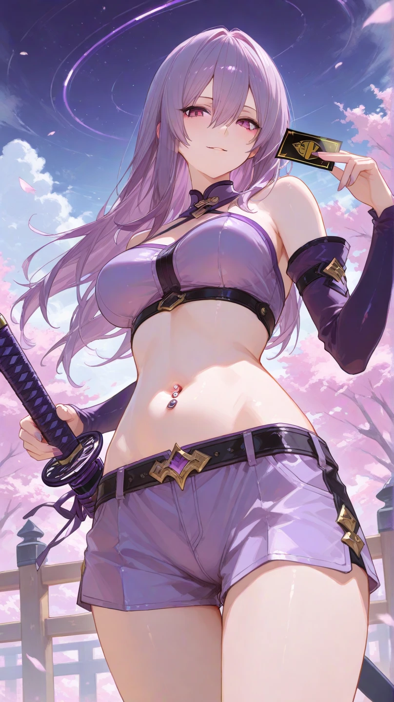 young girl, long pink hair, Fox ears, Heterochromia, left white and right purple eye, Purple kimono, open shoulders, Huge-breasts, Smile, Masterpiece, hiquality
