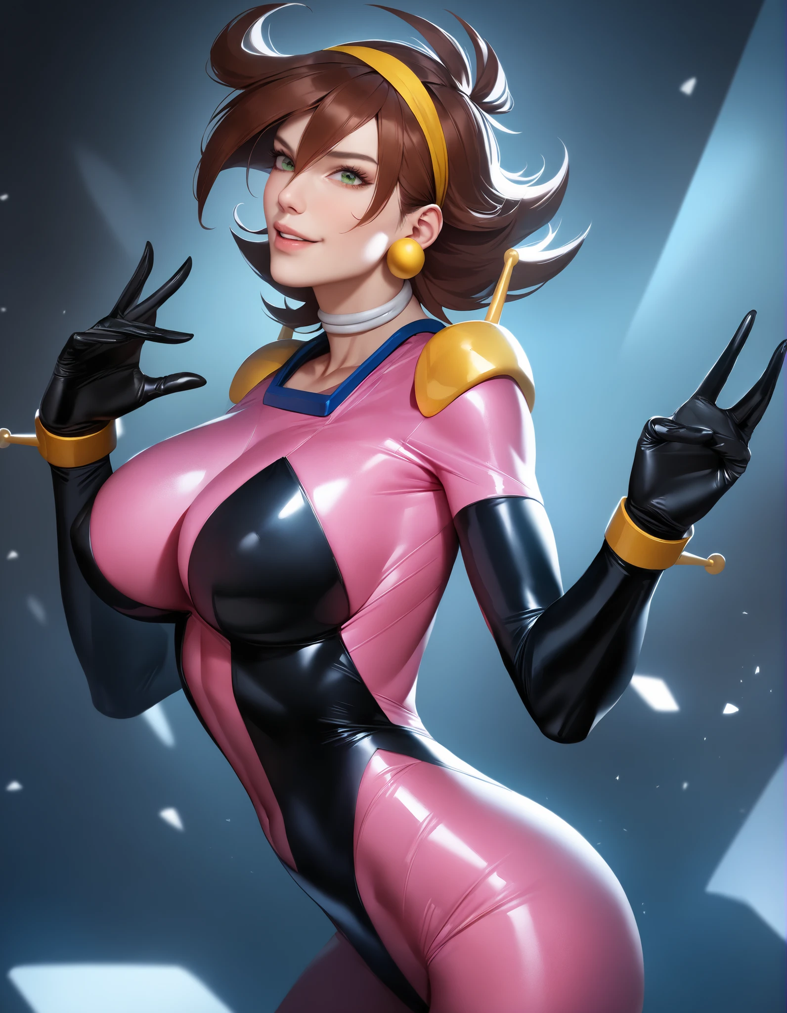 Rain Mikamura,yellow headband,perfect hands, perfect finger,perfect anatomy, masterpiece, best quality,realistic, hyperrealistic, 16k hdr,1girl, large breasts,erected nipples,brown hair, medium hair,green eyes,mobile trace suit, shoulder armor,pink and black bodysuit,sexy pose, upper body, cockpit,smile,standing_split