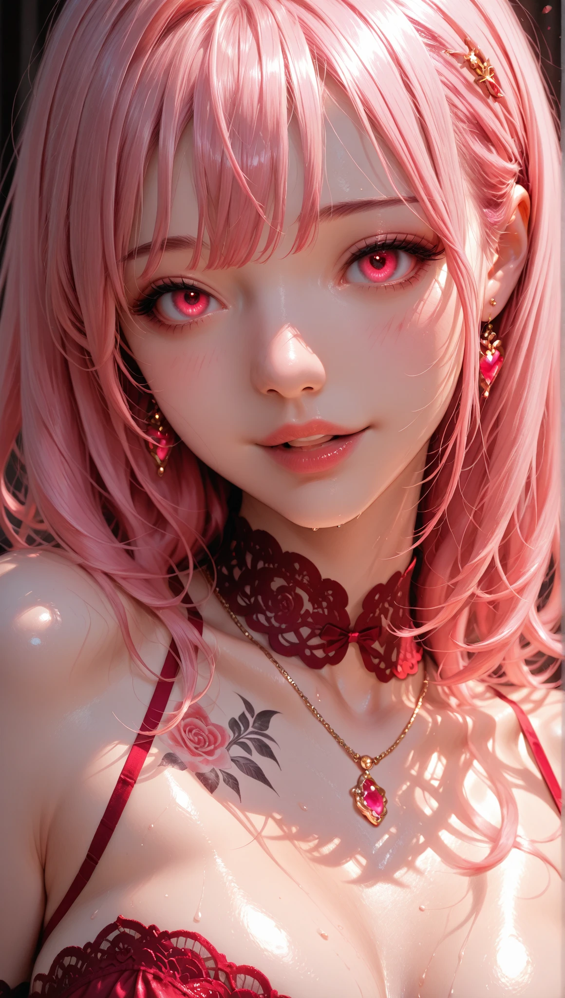 Girl with soft pink long hair, red eyes. She is wearing a short dress. Heart tattoo on cheek. seductive smile