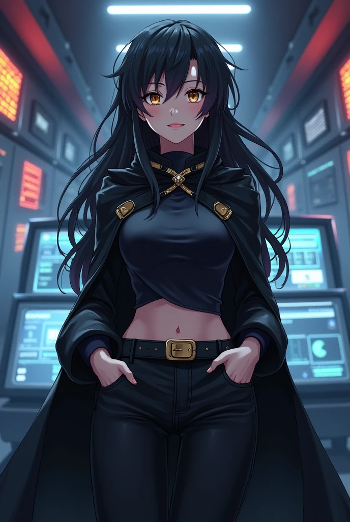 (masterpiece), best quality, expressive eyes, perfect face, (masterpiece), best quality, expressive eyes, perfect face. (absurdres, highres, ultra detailed), 1 girl black skin, plump lips, black skin, cute and delicate. extremely long black hair  hair, freckles on her face, her breasts are small, completely innocent face, she is wearing big clothes, yellow  eyes. BLACK SKIN, WOMAN BLACK SKIN, ONLY BLACK SKIN allowed, DARK_SKIN, in the room. high quality, 8k, 4k, FULL BODY. MODERN AND TECHNOLOGICAL ERA  