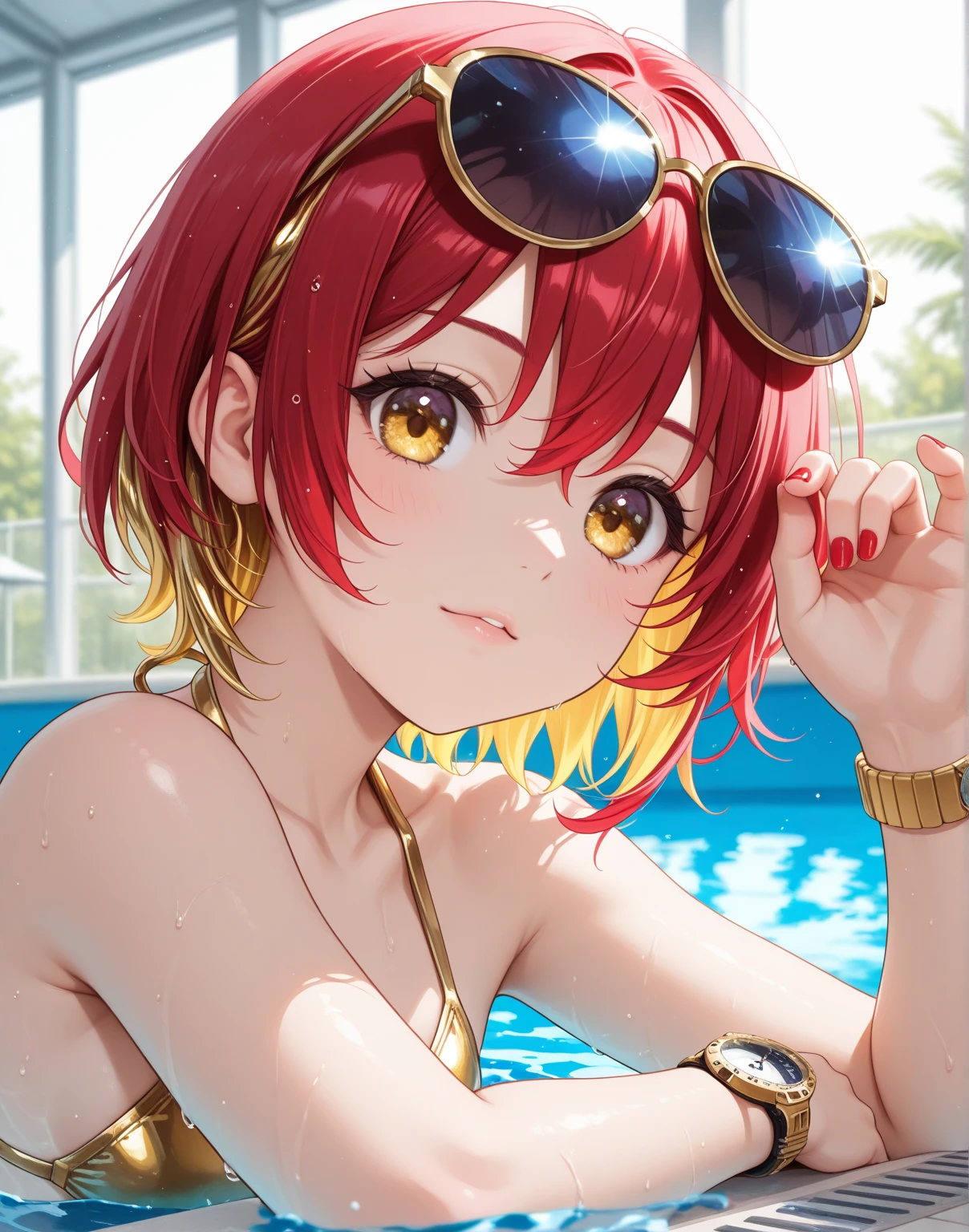 best quality, masterpiece, detailed,
<lora:AmagiBrilliantPark_Salama:0.8>, SalamaAmagi,
solo, light smile, blush, closed mouth,
orange hair, multicolored hair, antenna hair, short hair, red eyes,
SalamaBikini, bikini, medium breasts,
standing, looking at the viewer,
pool, partially submerged