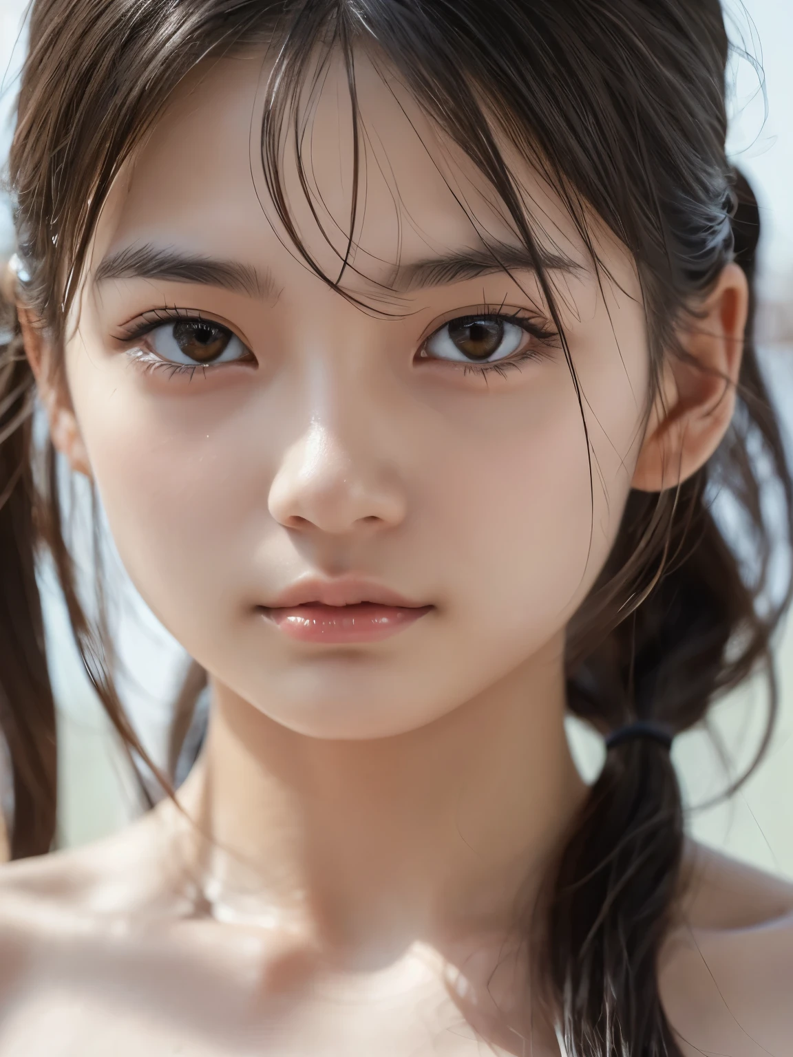 NSFW, (topless:1.7), nudity, Sporty Girl, Dynamic Pictures , Black Hair, Long Hair, ponytail, bangs, Thready hairstyle/hair, Expressive Hair , Droopy eyes, Sad Eyes , Light-pigmented eyes, Drooping eyebrows, high definition, masterpiece, accurate, is anatomically correct, has won numerous awards, 最 high quality, high definition model, high detail, high quality, RETINA, textured skin , Ultra High Definition, very detailed, RAW Photos, 16k, 8k